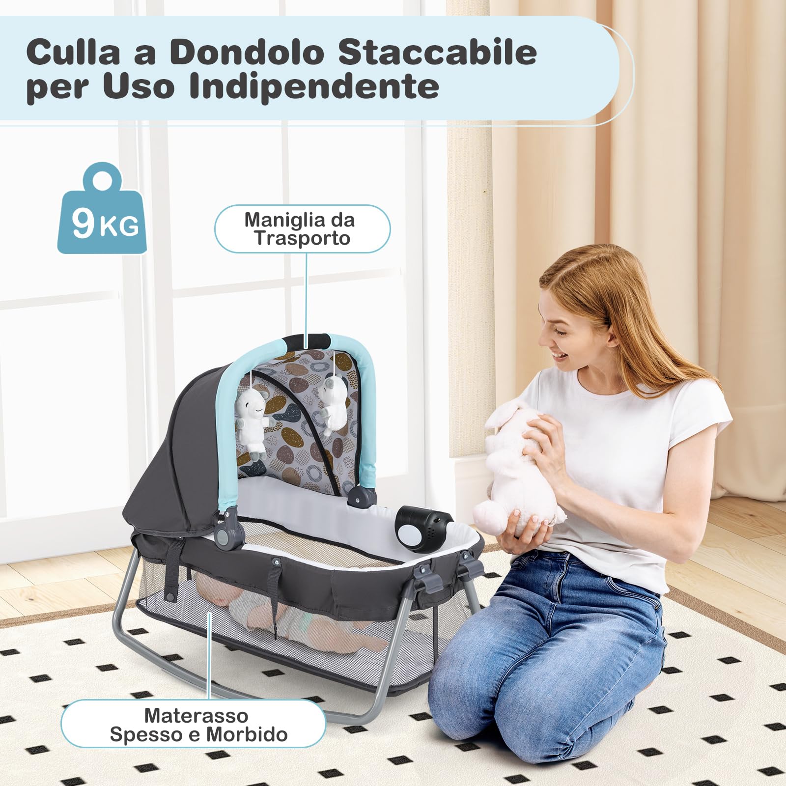 COSTWAY 5 in 1 Culla Campeggio Bambini, Lettino Viaggio Neonati Pieghevole con Materasso, Fasciatoio, Box Portatile con Ruote, 2 Giocattoli e Carillon, per Bambini 0-3 Anni (Blu)