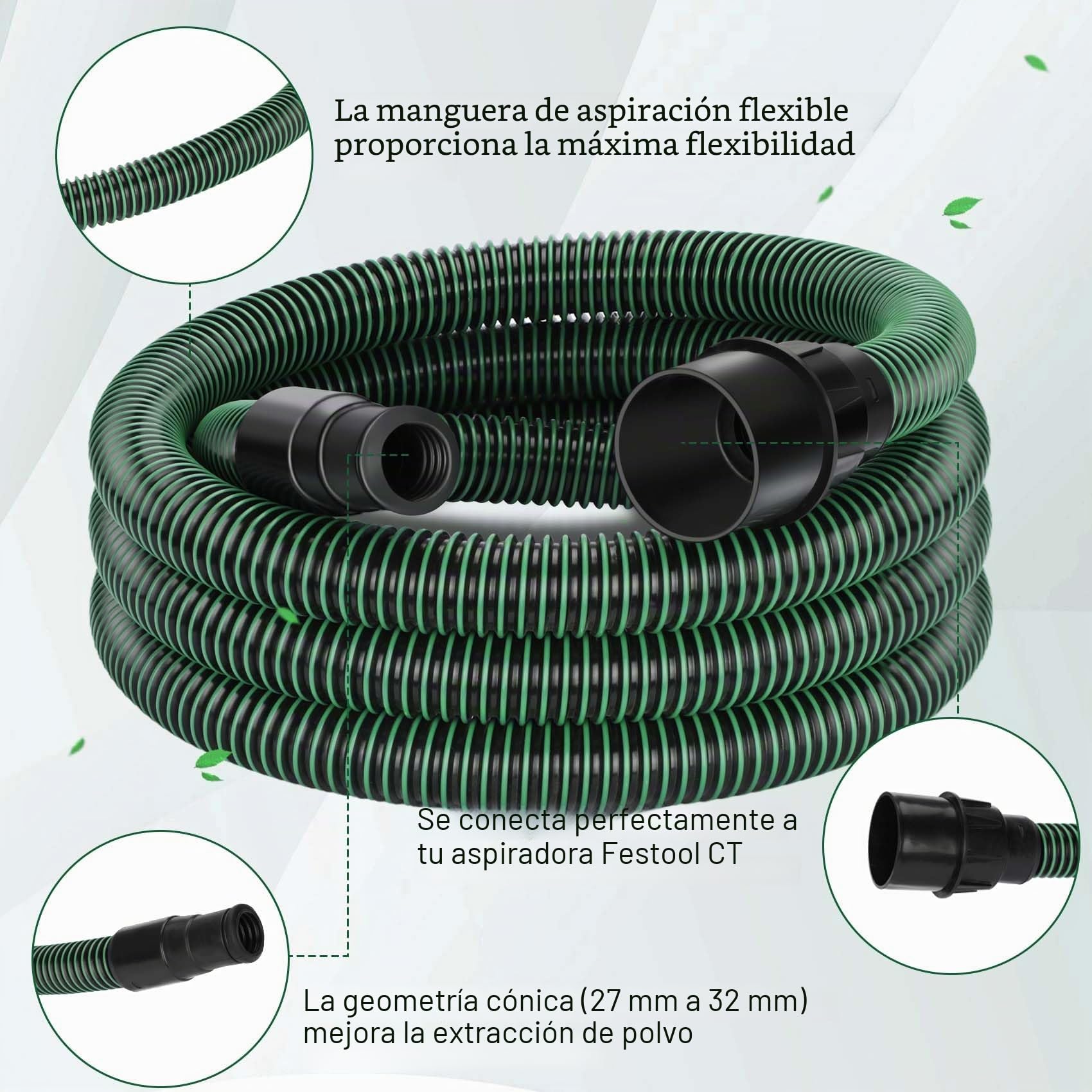 Feikeer Manguera extractora de polvo para Festool, compatible con extractor de polvo Festool, manguera de plástico transparente de 22 mm, tamaño pequeño a mediano