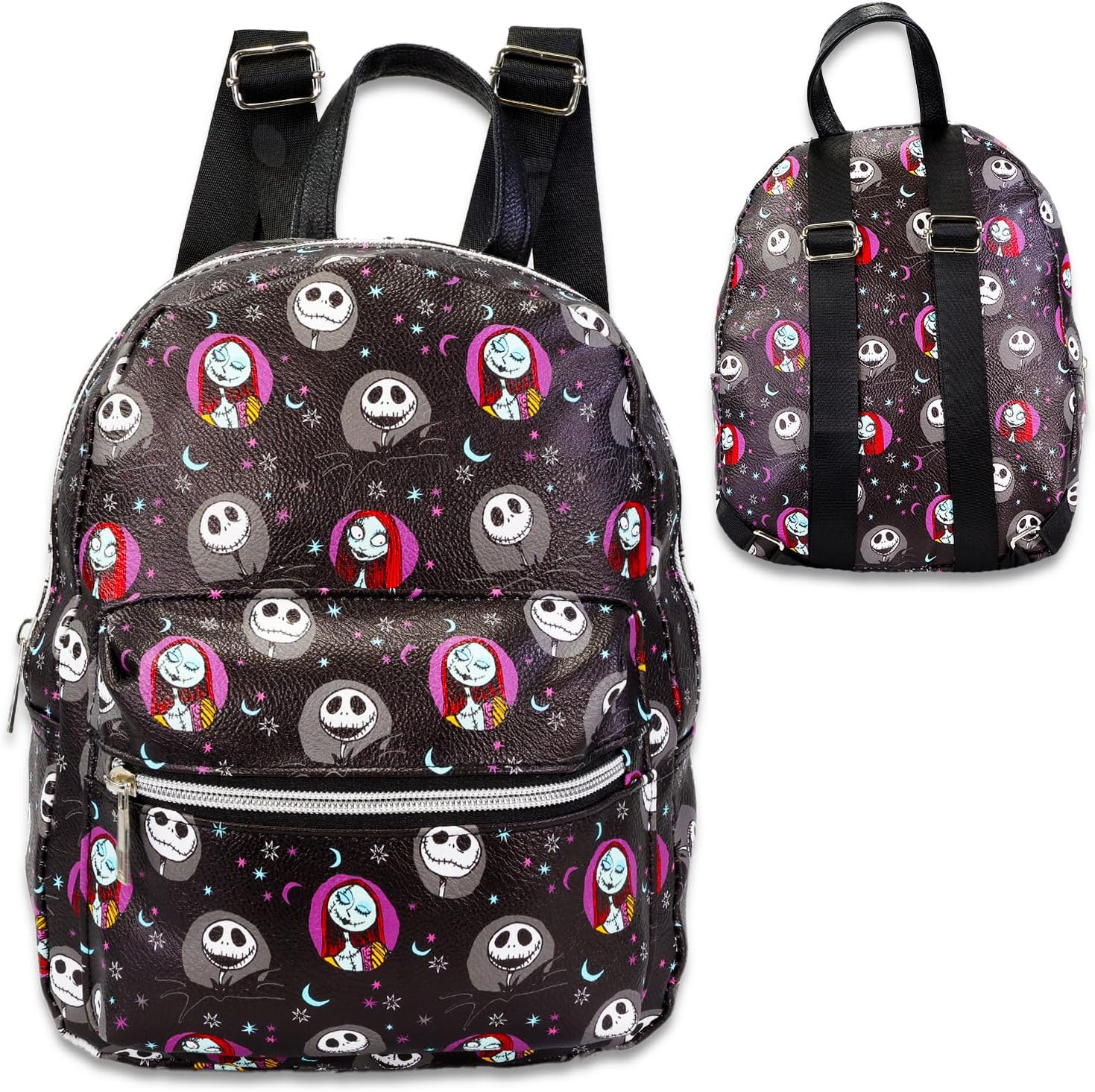 Nightmare Before Christmas Mini Backpack for Girls - 10” Faux Leather Jack Skellington Backpack with Front Pocket Plus Bottle | Jack and Sally Backpack Bundle