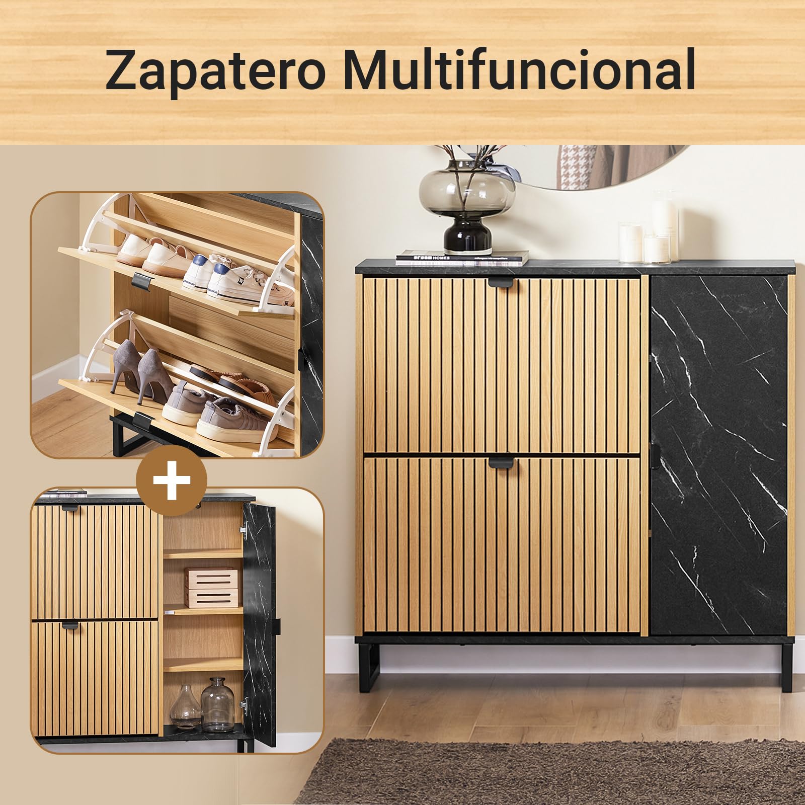 SoBuy Zapatero Entrada Recibidor Estrecho con Cajones Abatibles y Armario Lateral, Mueble Recibidor Estilo Nórdico, Ahorra Espacio - Negro y Roble Claro, 90x24x88cm, Carga 60KG - FSR203-N