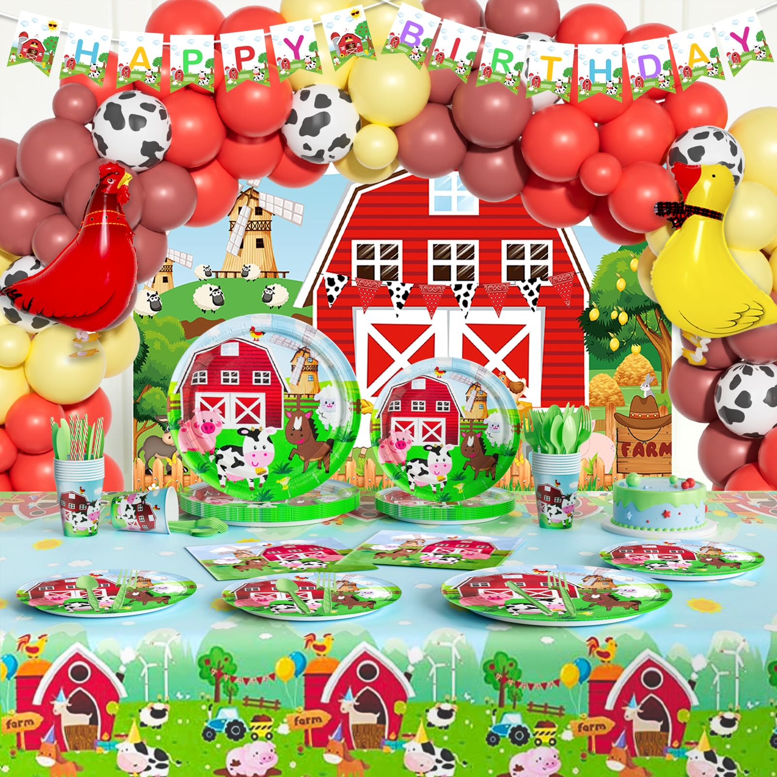 Fiesec Farm Birthday Decorations, 212 PCs - Farm Animal Birthday Party Supplies with Red Barn Backdrop, Balloon Garland, Tableware Set, Plates,