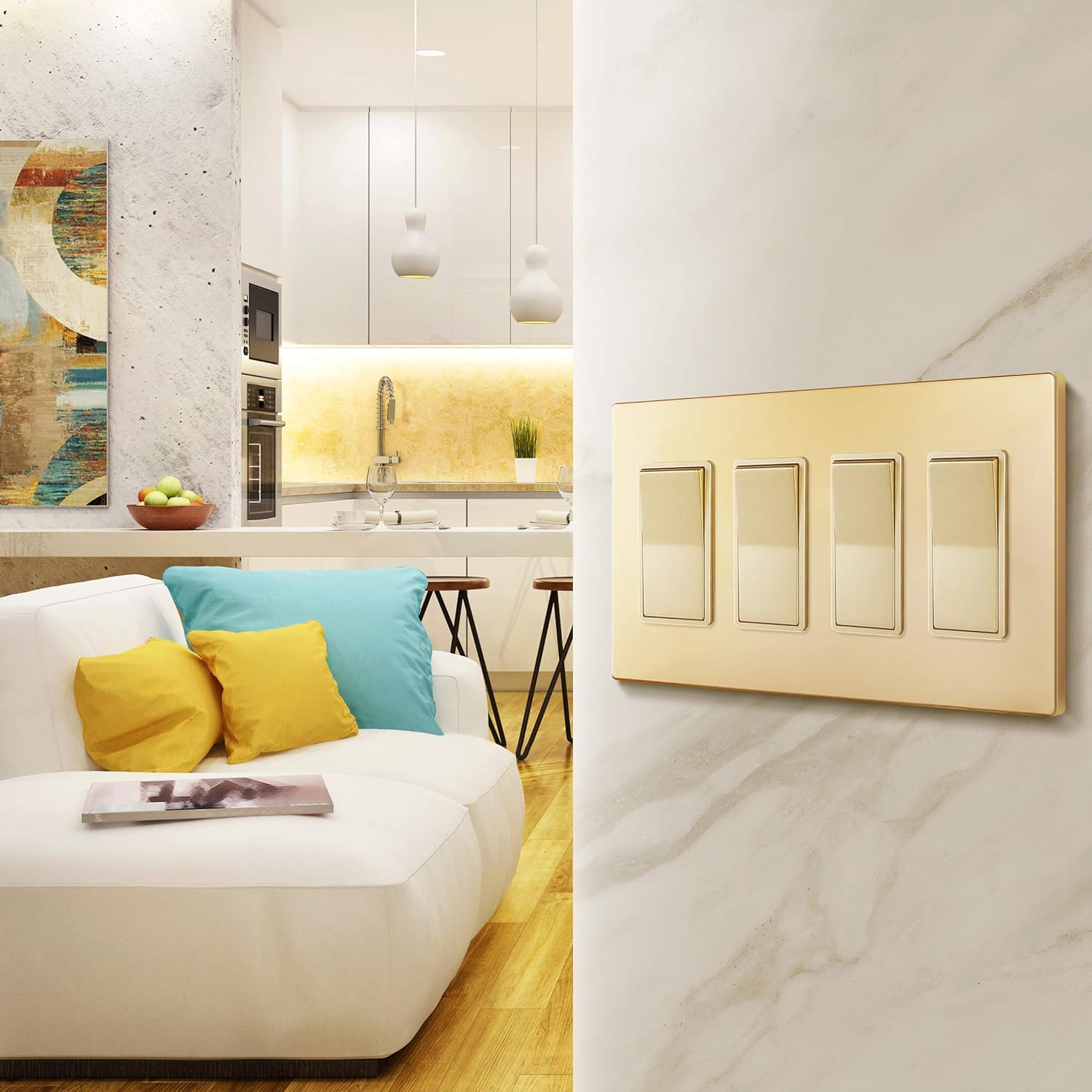 Gold 4-Gang Screwless Decorator Wall Plate