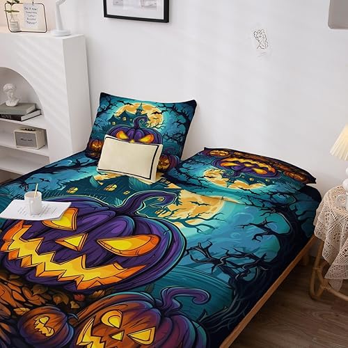 Miniatura 4 de Sábanas de Halloween tamaño individual  Juego de sábanas espeluznantes de calabaza murciélago para niños y niñas, juego de sábanas temáticas de