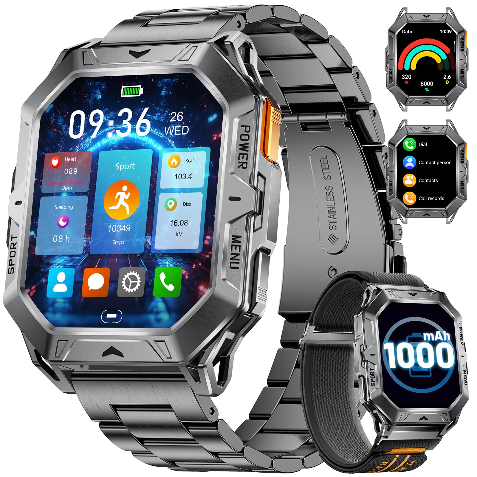 LIGE Militar Reloj Inteligente Hombre con Llamadas Bluetooth, Brújula, Altímetro, 2,13" AMOLED, 1000 mAh Batería, 100+ Modos Deportivos, Impermeable 10 ATM, Compatible con Android iOS, Negro