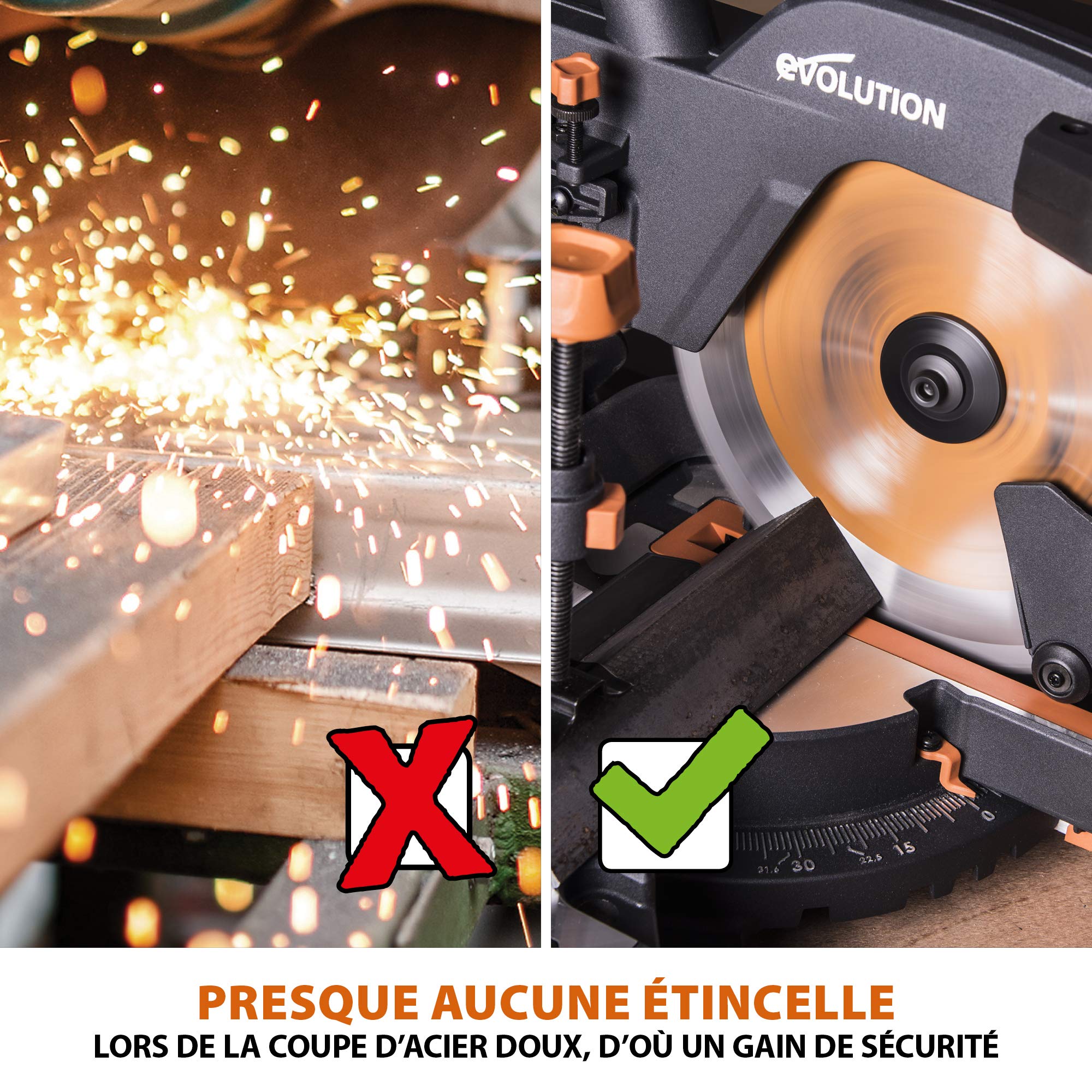 Evolution Power Tools Scie à Onglet Coulissante avec des Caractéristiques PLUS - 0-45˚ Biseau, 50-50˚ Onglet - Coupe Multi-Matériaux - Le Bois, Le Plastique, Le Métal Lame Incluse 255mm - R255SMS+