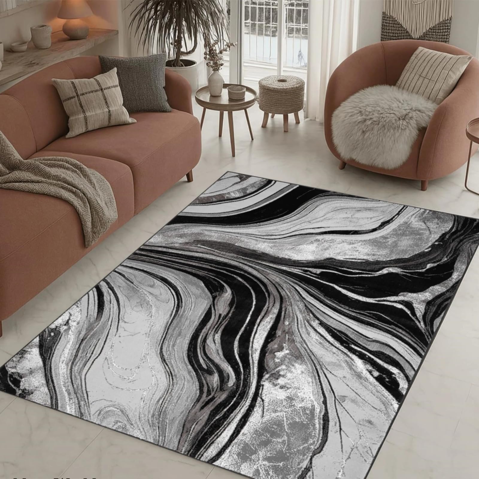 Stylish Home London Modern Abstract Area Rug – Large Living Room Carpet & Non Slip Hallway Runner – Floor Mat for Bedroom, Kitchen & Home Décor (Black Grey, 80 x L 150 cm)