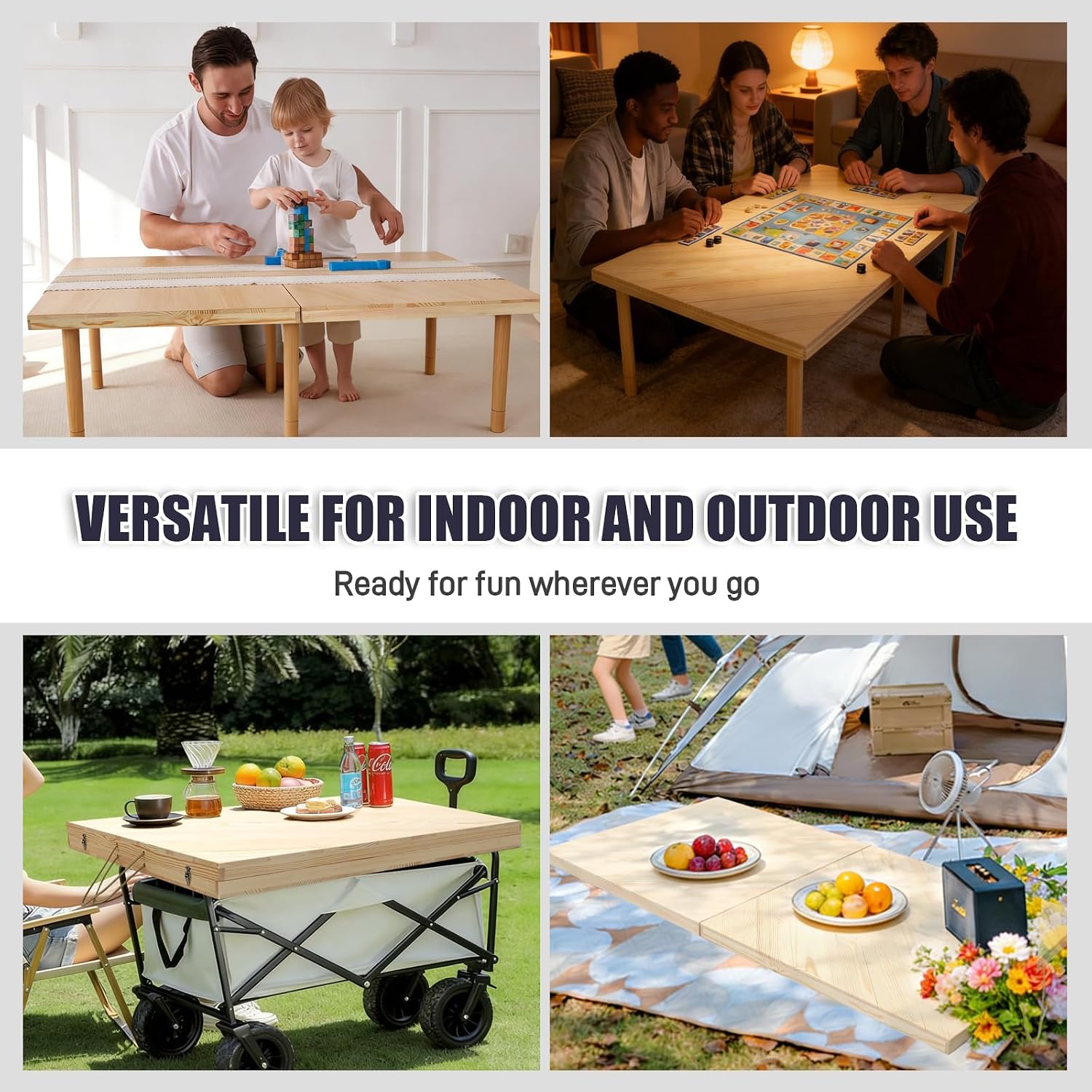 Foldable Picnic Table with Table Runner, Wood Picnic Table 60" x 30" for Indoor Outdoor, Portable Boho Low Picnic Tables with Adjustable Height and Handle for Beach, Camping, Party, Garden, Backyard