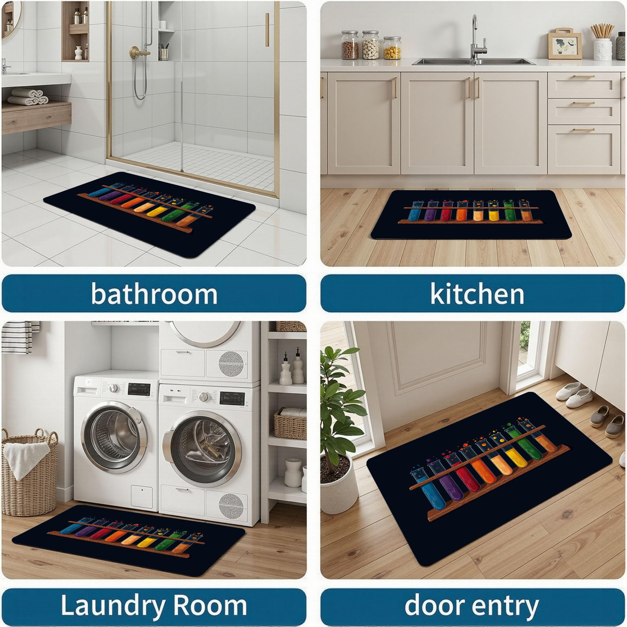 Tappetino da 90x150cm, Nero Illustrazioni Divertenti Pieghevole Sottile, Zerbino Lavabile Stampa Provetta Per Test Chimici Antiscivolo, per Porta di Casa, Ingresso, Patio, Corridoio