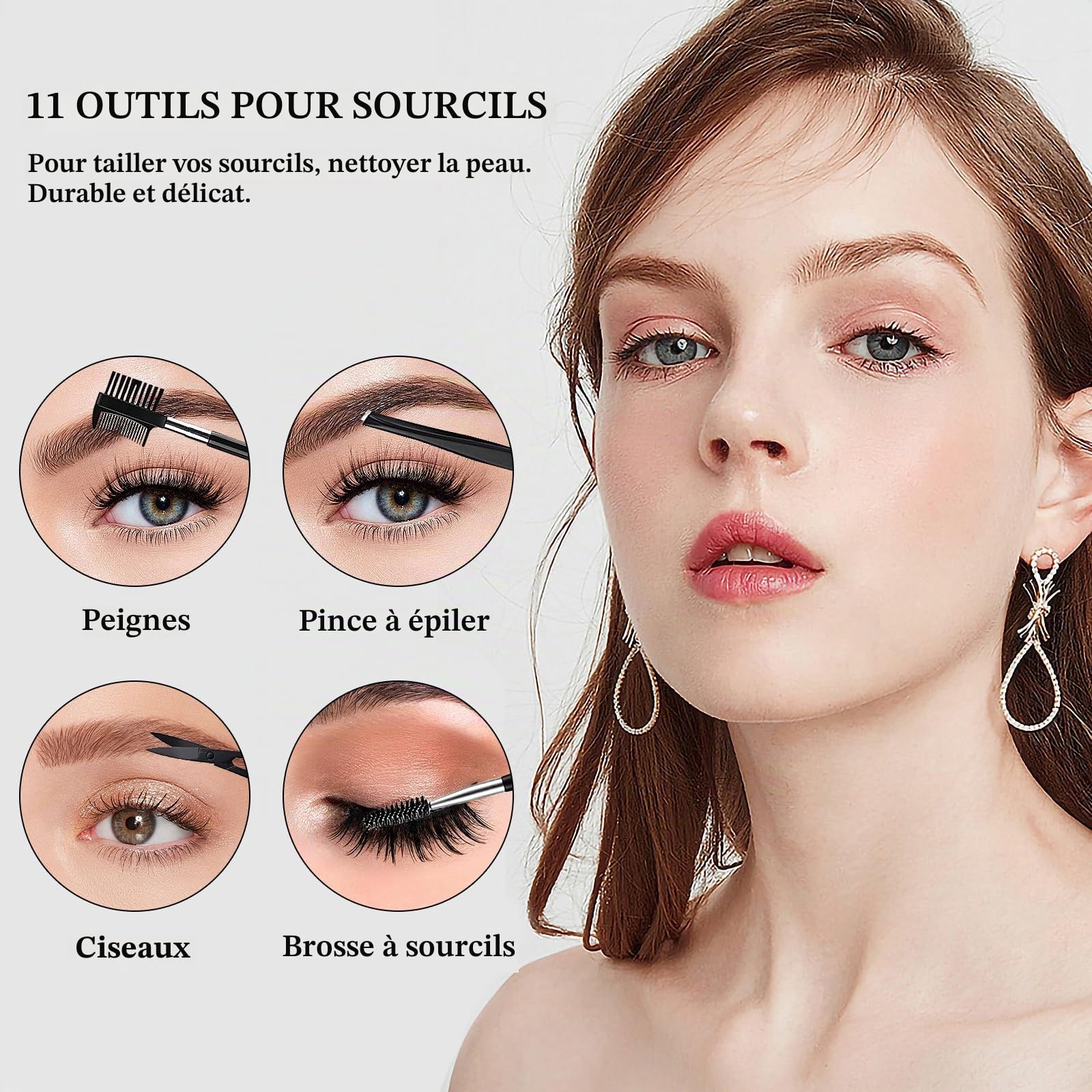 Kit de Coupe des Sourcils 11 Pcs - Outils Professionnels Avec Pince à Épiler, Pincettes, Rasoir, Pinceau, Ciseaux Pour Cils et Autres Soins de Beauté