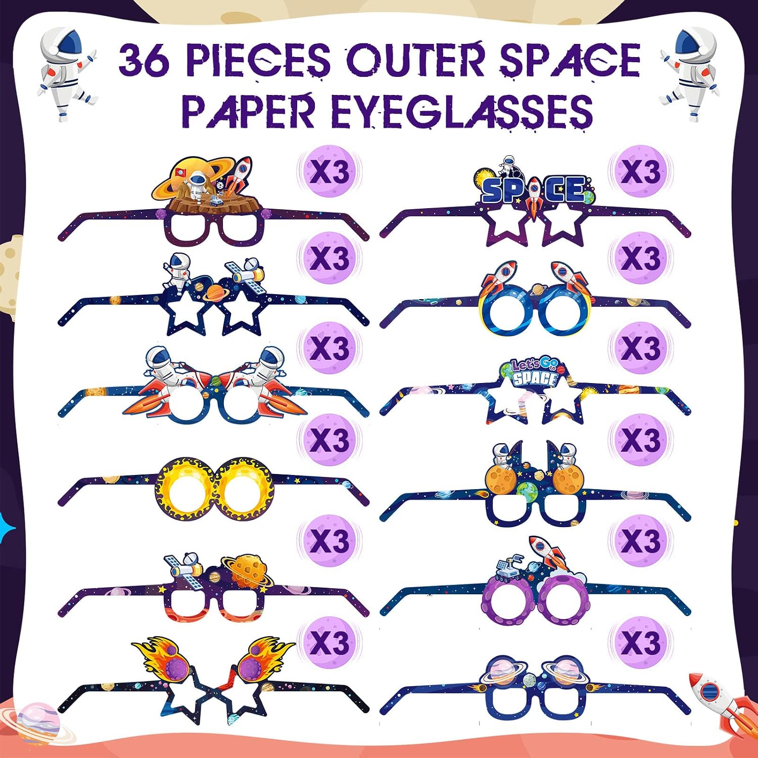 36 Pcs Space Paper Glasses Favors, Kids Astronaut Rocket Parties