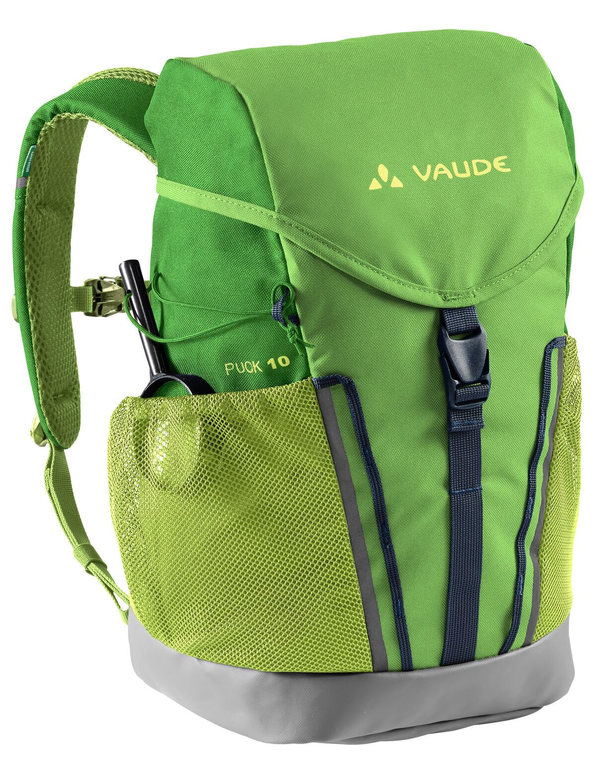 VAUDE Puck kids backpack for Boys & Girls in green, Comfortable Kids Hiking Backpack 14L, Backpack for School with Rain Cover & Magnifying Glass, Ample Storage Space