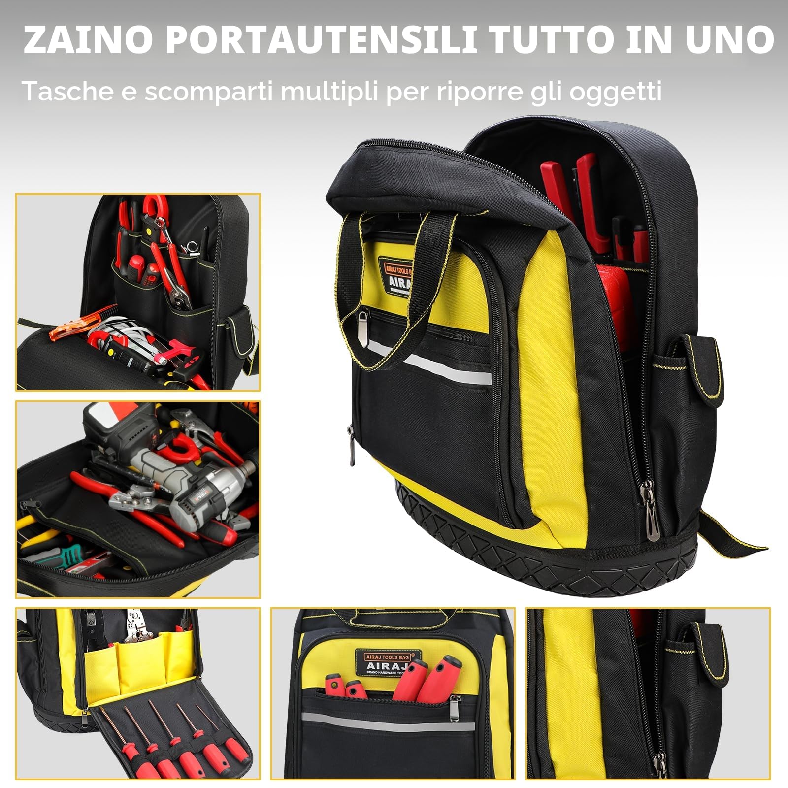 AIRAJ Zaino Porta Attrezzi Impermeabile, Portautensili con Base in Gomma, Robusto Organizer Per Elettricisti, Idraulici, Utensili Per Manutentori.