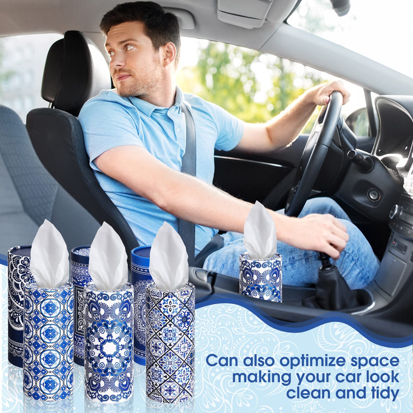 Lot de 4 boîtes à mouchoirs cylindriques pour voiture, porte-gobelet, distributeur de mouchoirs pour la maison, pour voiture, salle de bain, bureau, voyage