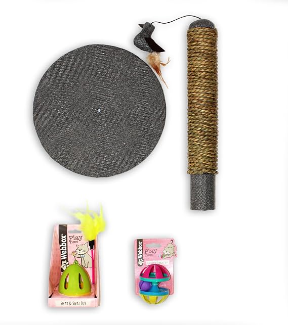 Webbox Interactive Cat Toy Bundle Box (3 Pack) - Feather Wand, Jingle Ball & Scratch Post for Indoor Adult Cats & Kittens