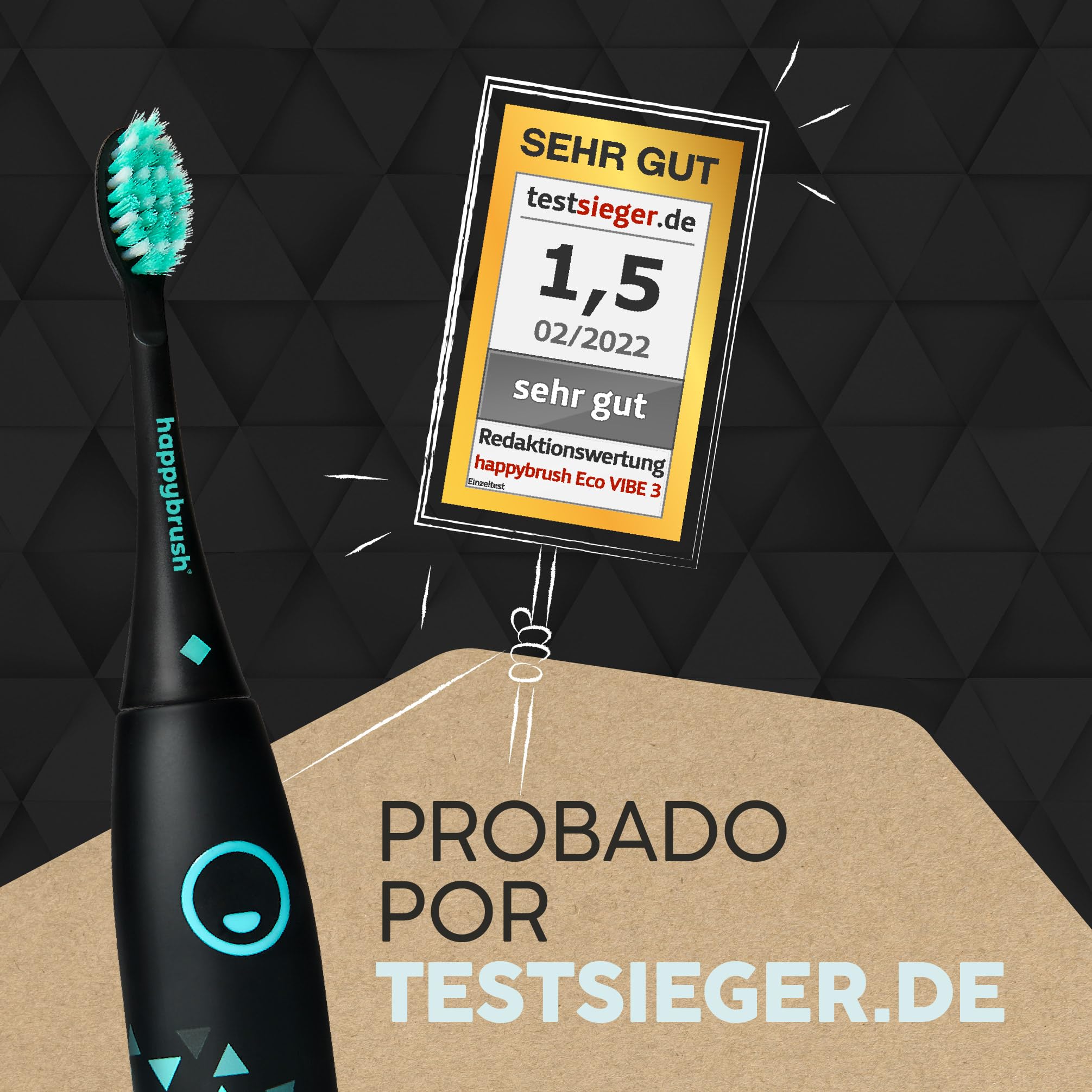 happybrush® Cepillo de dientes eléctrico sónico Eco VIBE 3 - Cepillo de dientes sostenible con batería de 6 semanas de duración, 3 cabezales y pasta de dientes - Negro/Menta