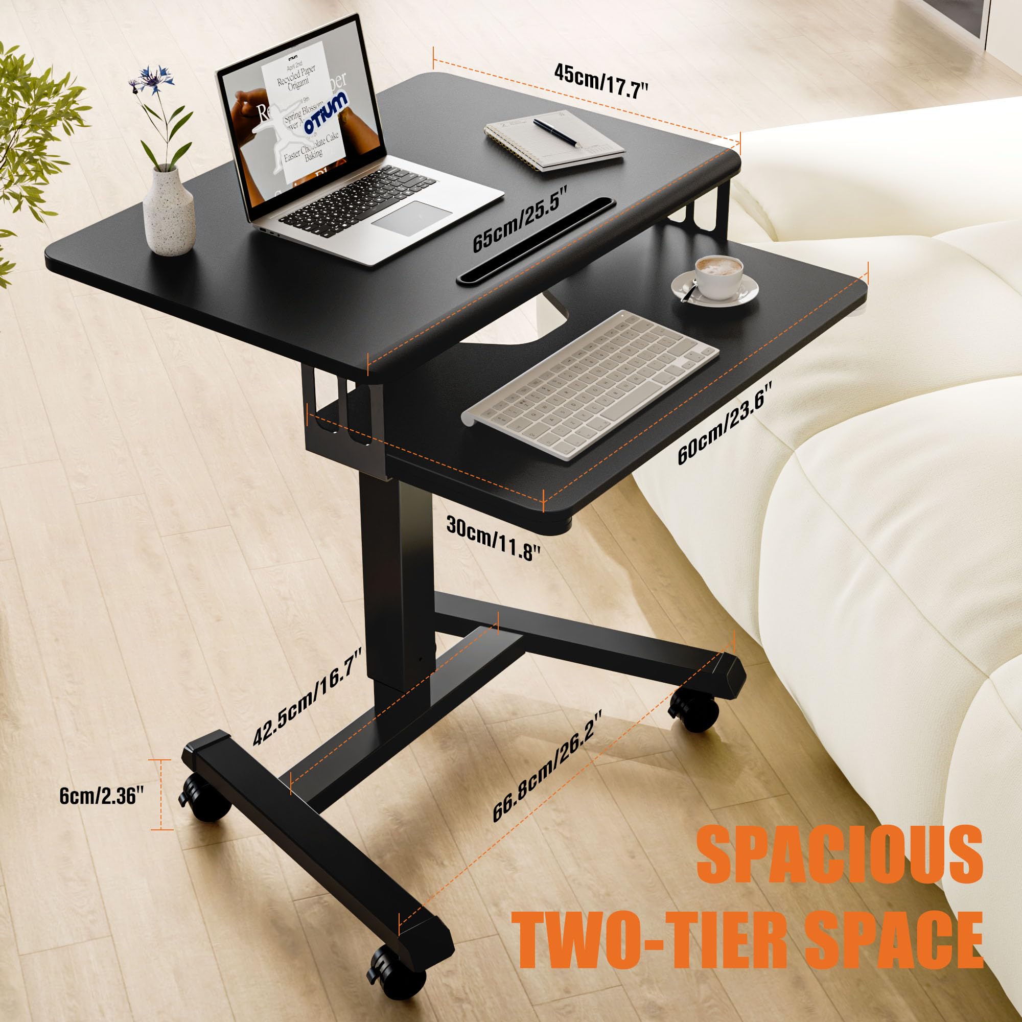 ERGOMAKER Höhenverstellbarer Schreibtisch Stehpult mit Tastaturablage, 65×45cm Mobile Laptoptisch, Überbett-Tisch Schwarz, Stehtisch Schreibtischaufsatz mit Rädern, Computertisch für Schlafzimmer