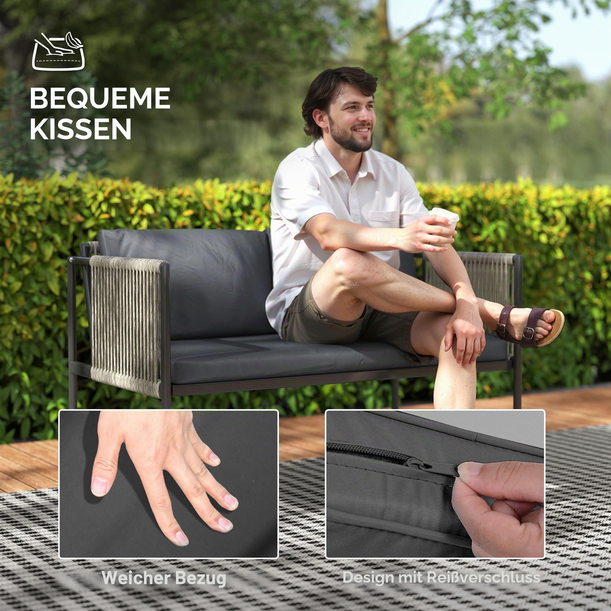 Outsunny Gartenmöbel Set aus Polyrattan mit 2er Sofa für 4 Personen Grau | Lounge-Set, Sessel, Glastisch, Kissen, Wetterfest, Balkonmöbel, Outdoor Sitzgruppe, Terrassenmöbel, für Garten Balkon