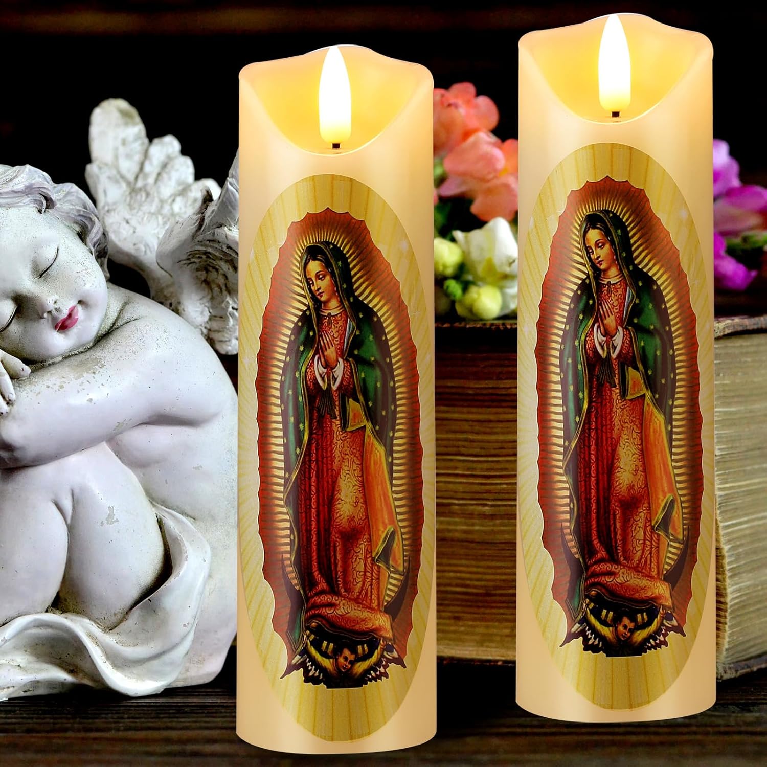 Baquler 2 Pcs Religious Flameless LED Prayer Candle Real Wax Baptism Set Devotion Candles Religious Decoration Gift for Home and Office, Battery Operated with Remote Control(Lady of Guadalupe) - Image 7