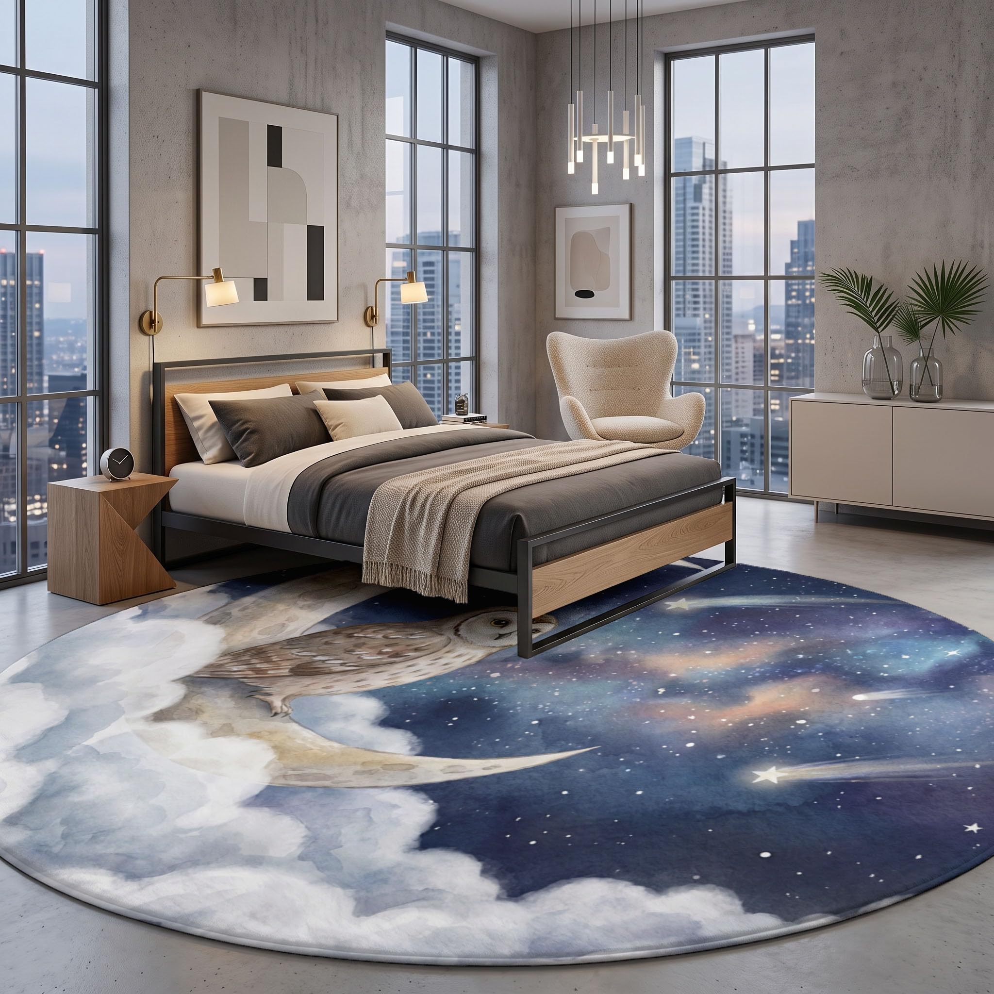 Tapis Rond Lavable La Lune Le Hibou pour Salon 100 cm