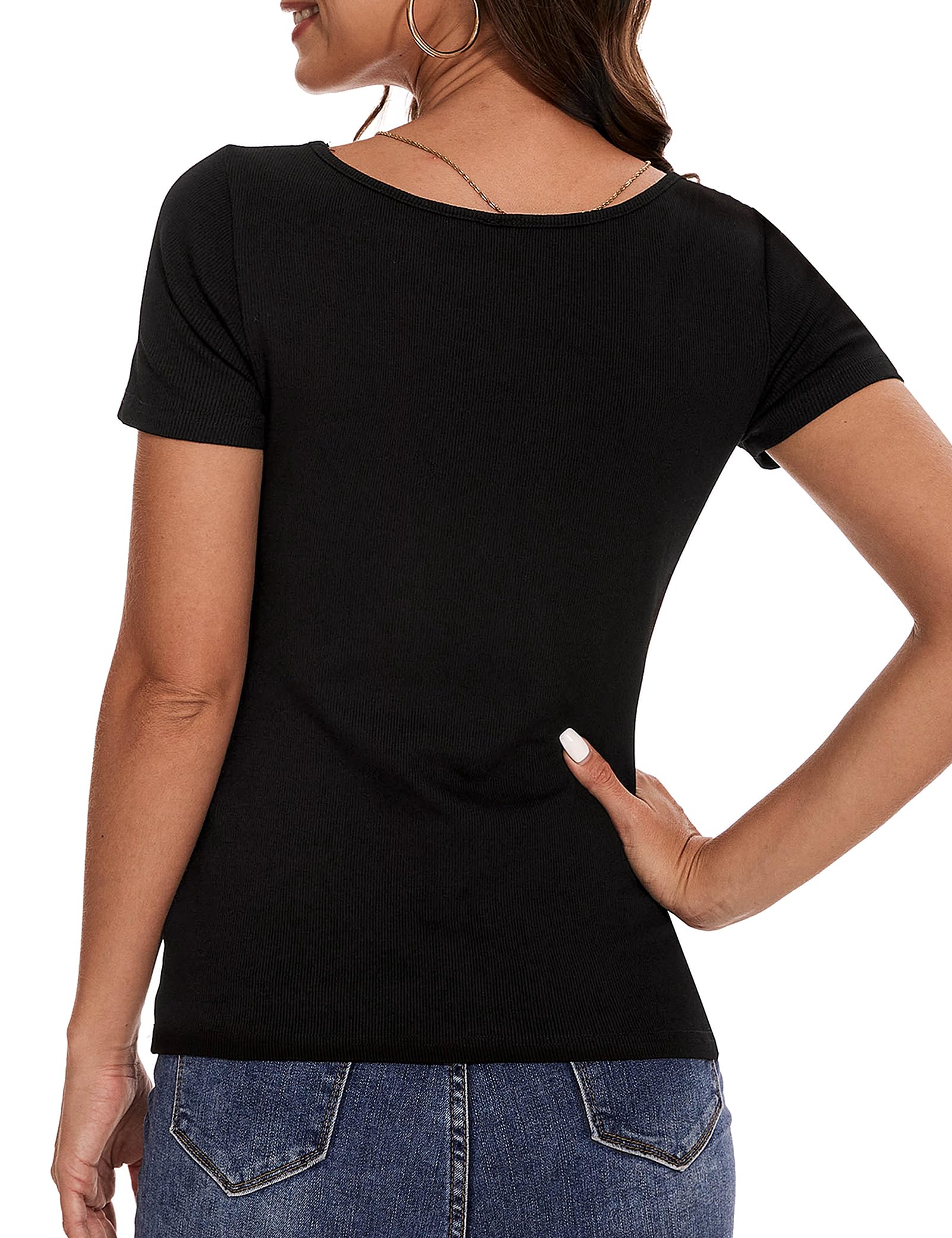 Aottori T-Shirt Donna con Scollo Quadrato Magliette a Maniche Corte Estivo Tops a Costine Elegante Basic Shirt Tinta Unita Casual