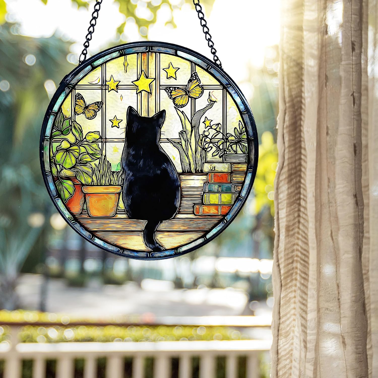 kdqua Black Cat Suncatcher Stained Glass Window Hanging, Cat Bookish Bookshelf Sun Catchers Indoor Window Glass Round Wall Decor, Book Lovers Gifts Wall Art Hanging Decorations Statues, 7.9x7.9in