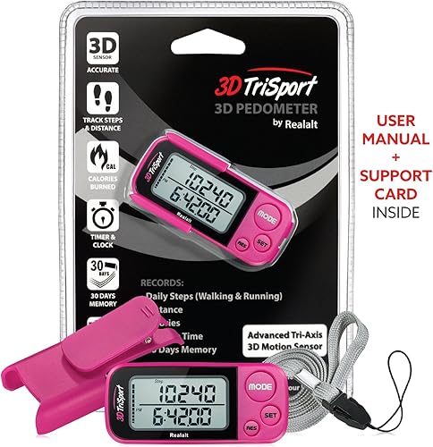 Miniatura 7 de Realalt 3DTriSport Walking 3D Pedometer with Clip & Strap, eBook Included 30 Days Memory Accurate Step Counter, Walking Distance MilesKm, Calorie