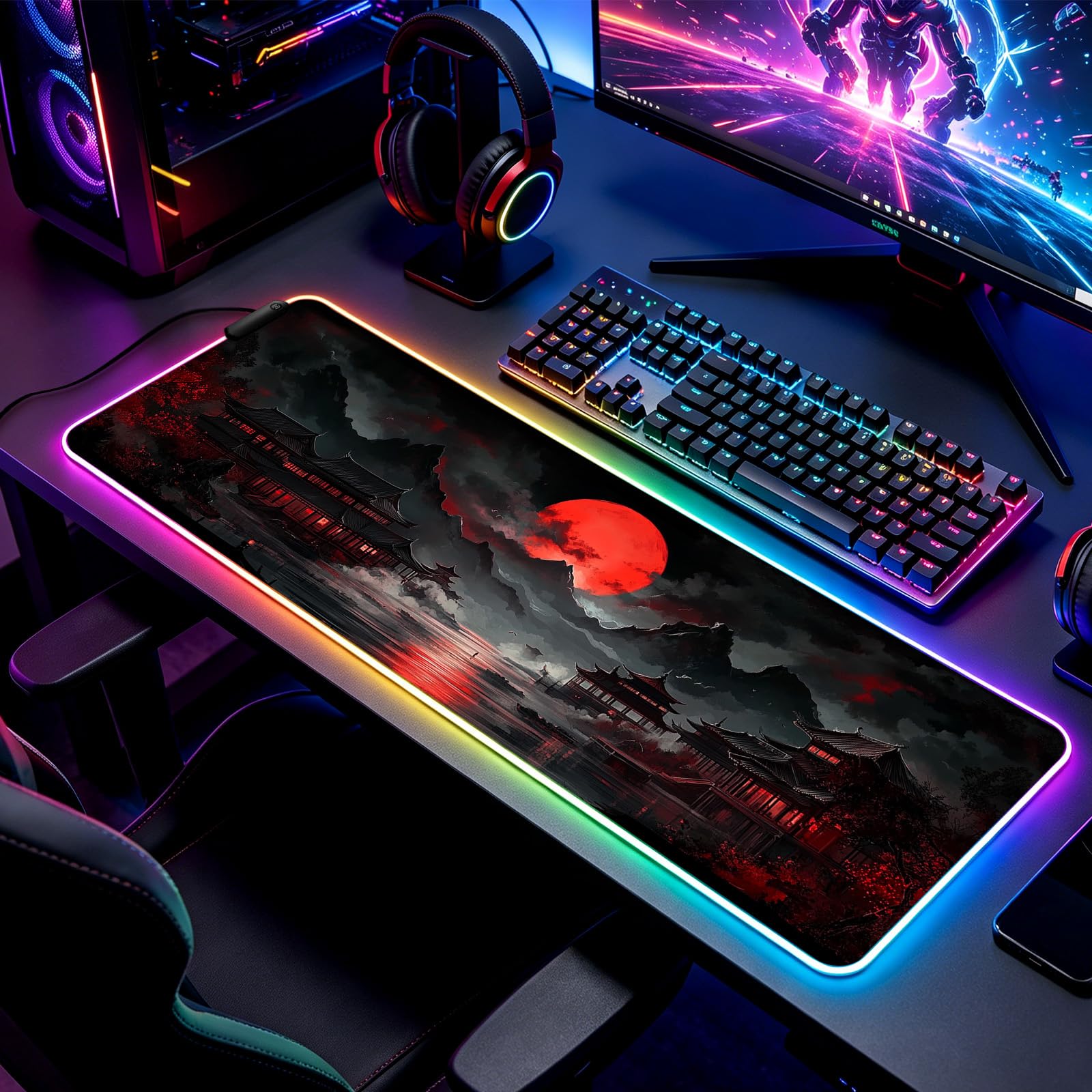 RGB - Tappetino da scrivania da gioco con luna piena, motivo: Lakescape giapponese, per tastiera del computer, grande, esteso, lungo, LED, per ufficio e casa, XL (W07)