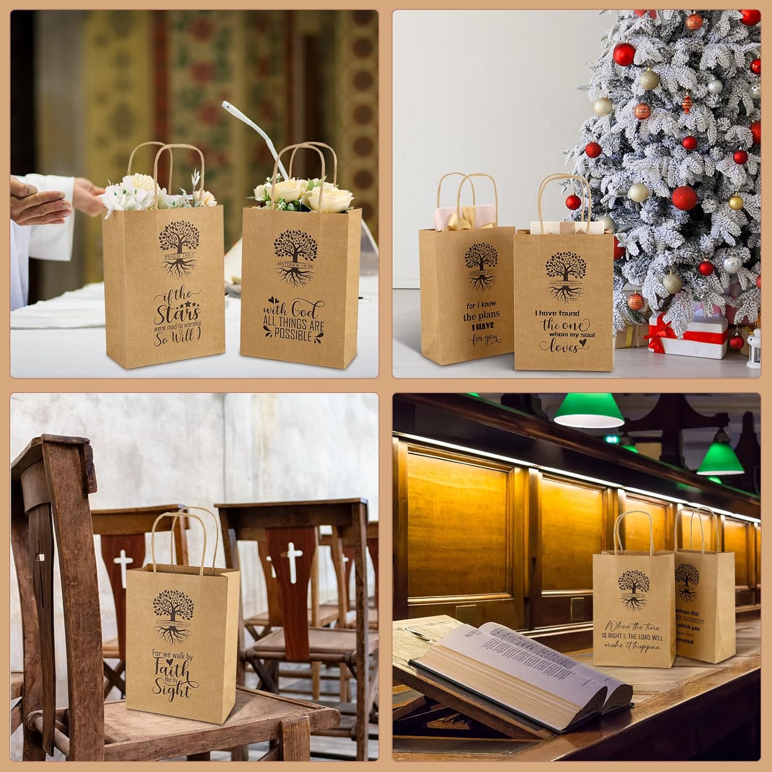 60 PCS Christian Gift Bags Bulk Religious Brown Kraft Paper Bags with Handles Bible Verse Inspirational Designs for Church Welcome Gifts Pastor Family Baptism Reunion