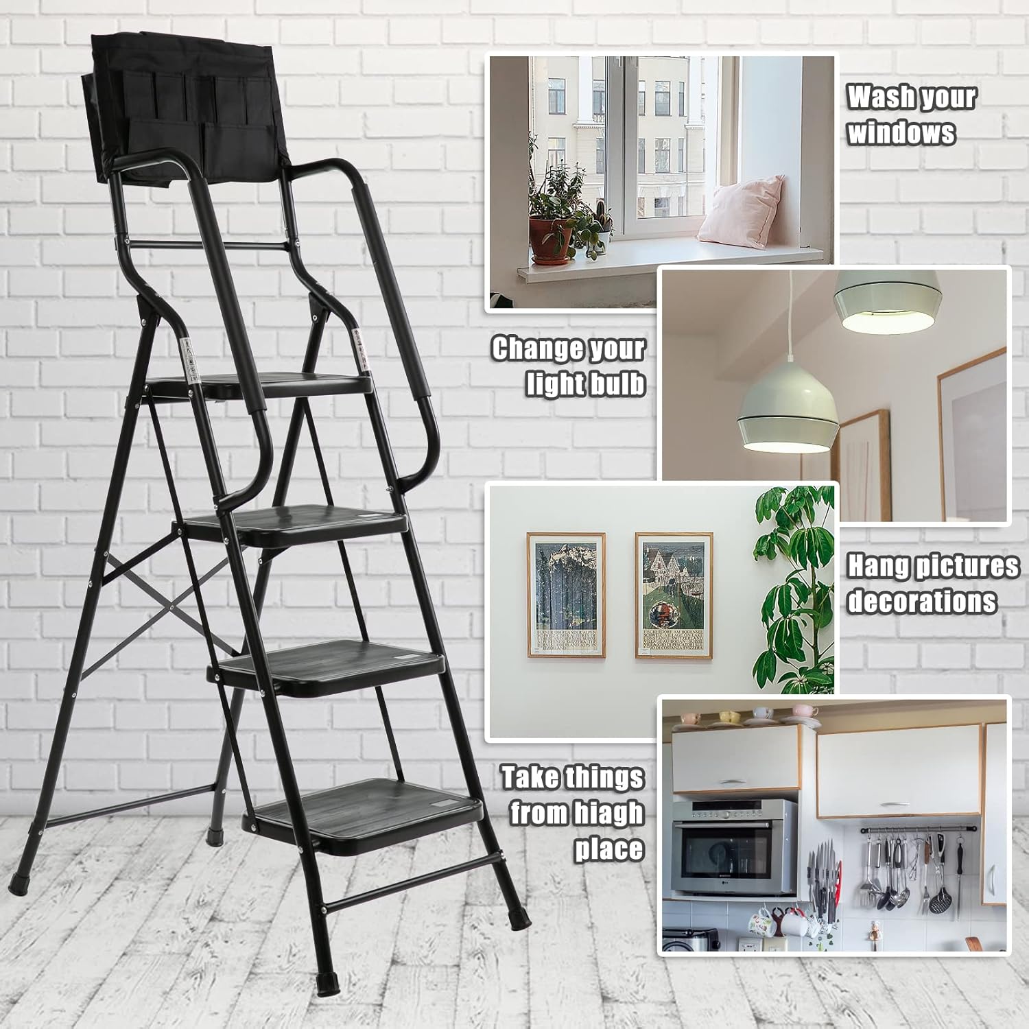 WiberWi 4 Step Ladder with Handrails 500 lb Capacity Step Stool Folding Portable Ladders for Home Kitchen Steel Frame with Non-Slip Wide Pedal Stepladder with Attachable Tool Bag Black