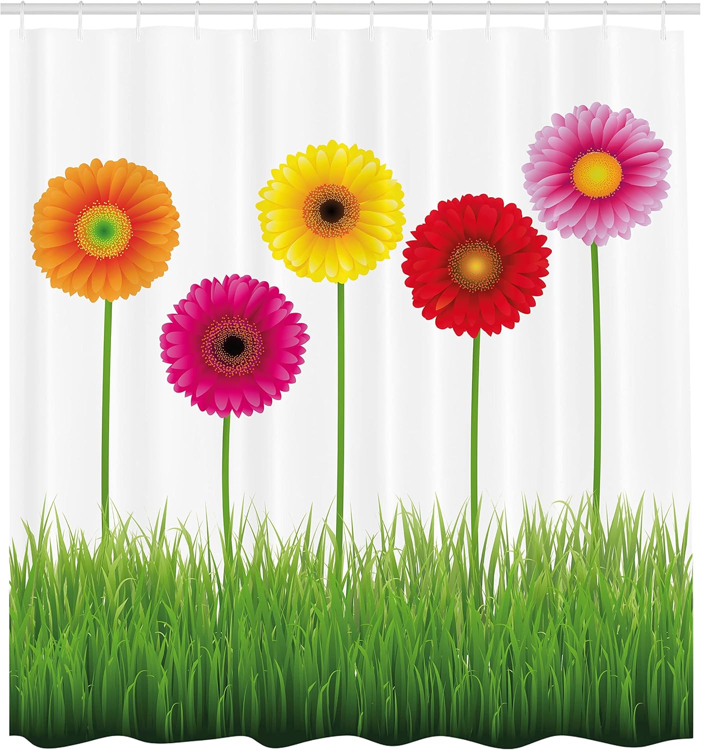 Ambesonne Gerbera Shower Curtain, Horizontal Order Colorful Flowers on Grass Spring Illustration Farmhouse Concept, Cloth Fabric Bathroom Decor Set with Hooks, 69" W x 70" L, Multicolor