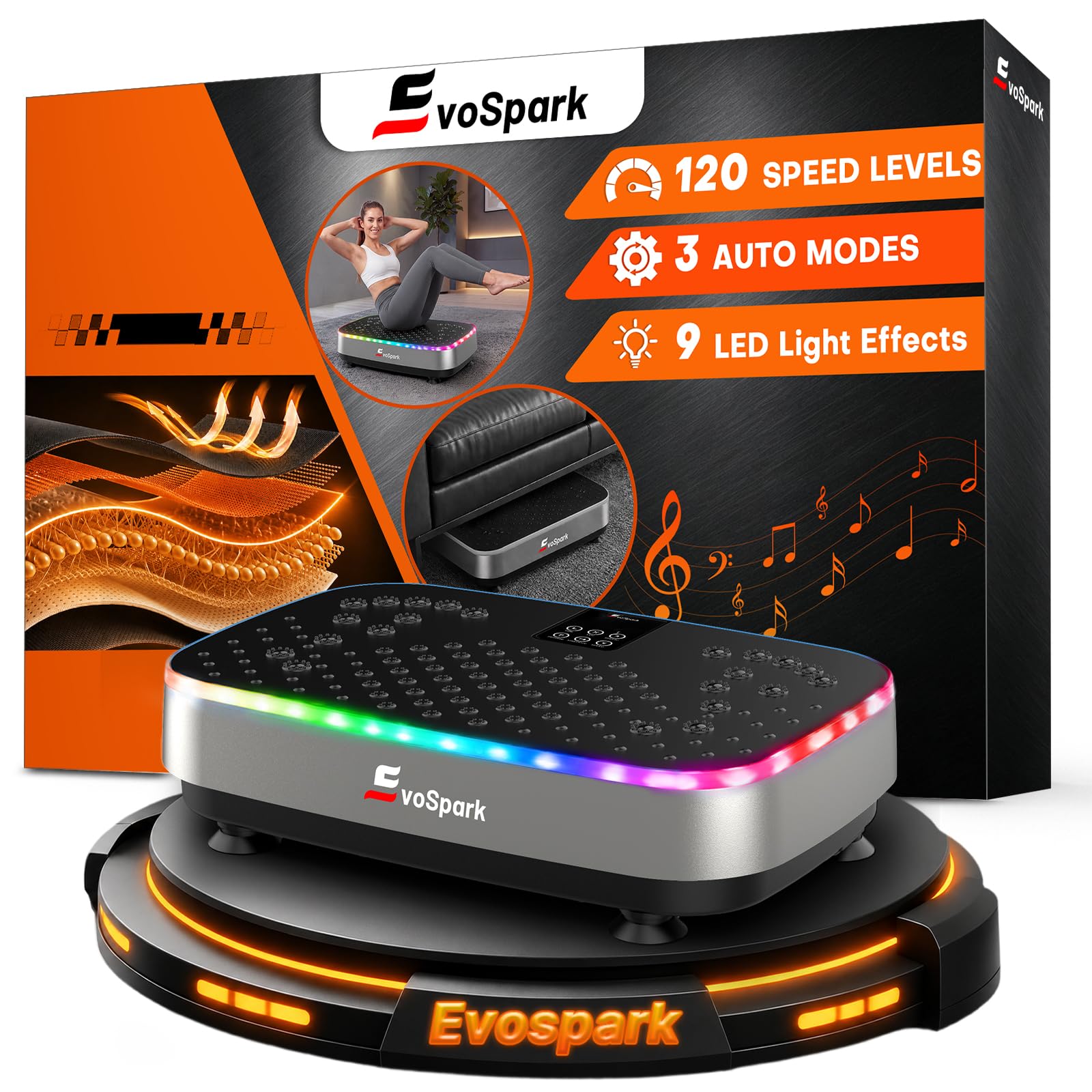 Vibration Plate, EvoSpark Vibration Plate Exercise Machine with 9 LED Light Effects, 2-in-1 Brushless Motors Vibration Platform for Lymphatic Drainage and Weight Loss-image-26
