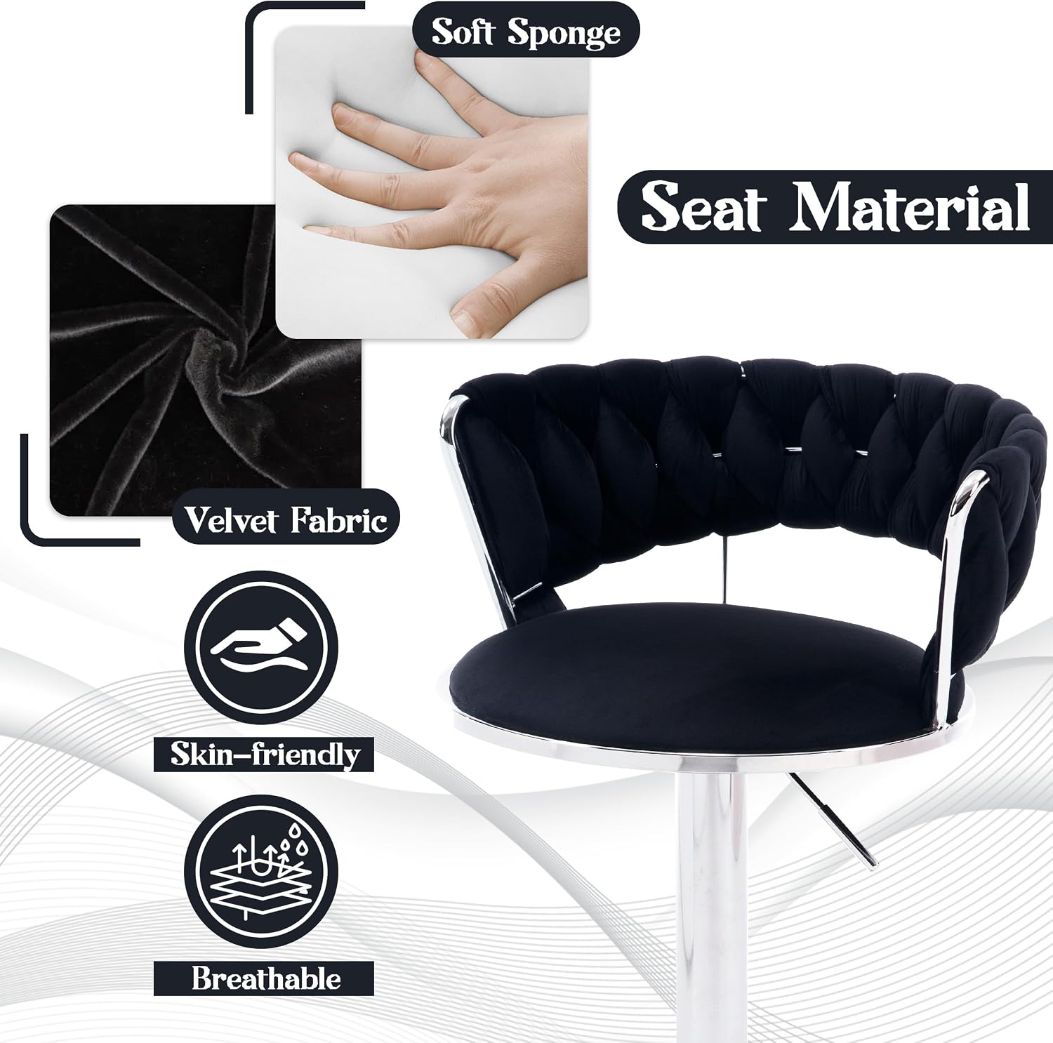 Velvet Swivel Bar Stools Set of 2, Modern Adjustable 360° Swivel Bar Height Chairs with Woven Hollow Back, Upholstered Counter Height Bar Stools with Silver Base for Kitchen Island, Black
