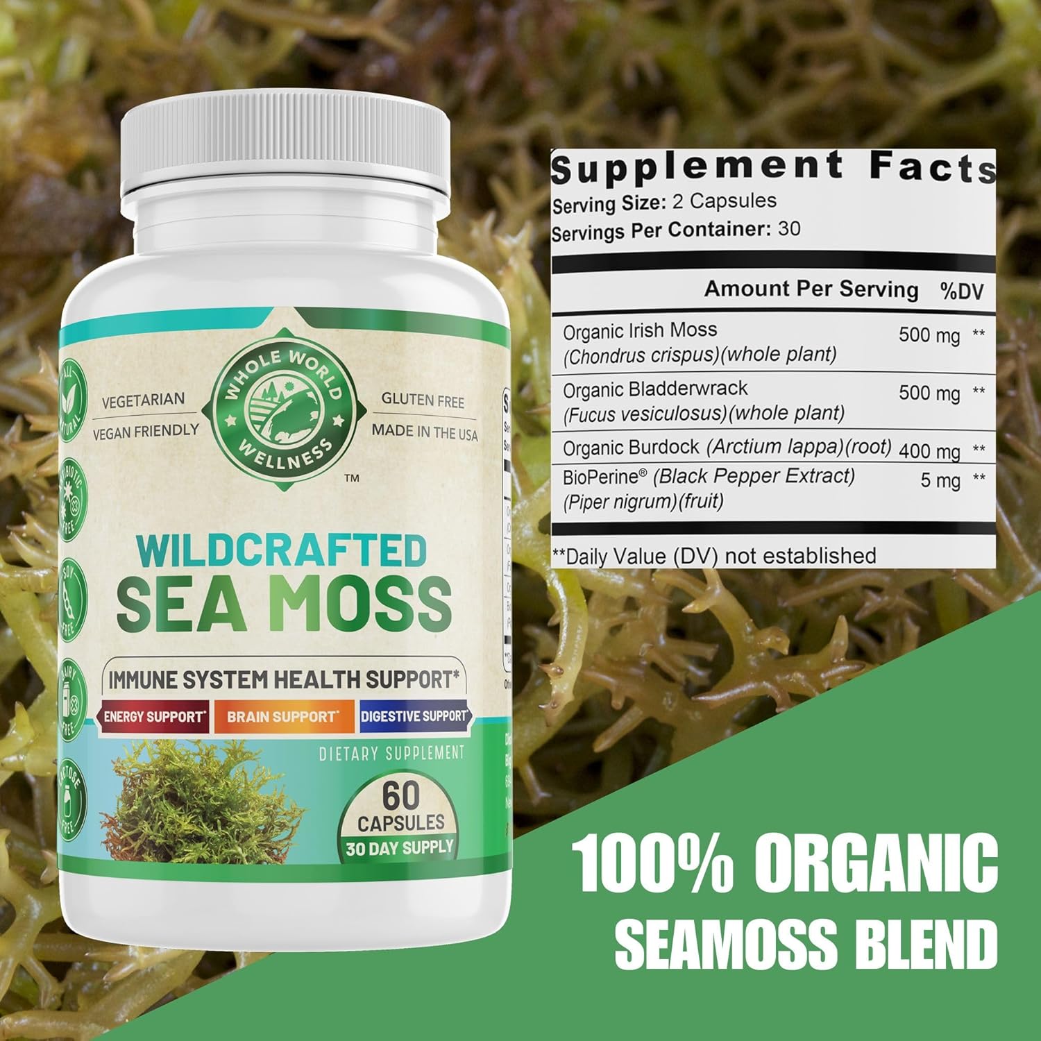 Organic Sea Moss | Immune Support & Brain Health | Bladderwrack, Burdock Root & Bioperine | All Natural, Dairy Free, Gluten Free | 60 Capsules | Made in The USA. - Image 3