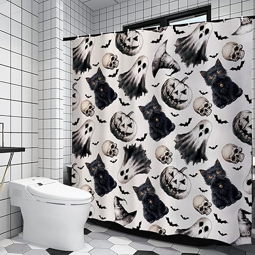 GPGHE Cortina de ducha para decoración de Halloween, gótica, fantasma, gato, juego de cortinas de baño retro con 12 ganchos, 71 x 71 pulgadas