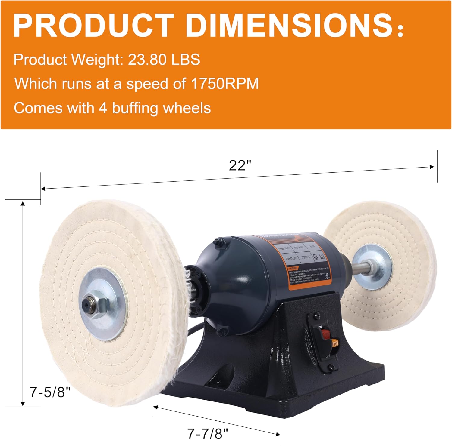Bench Buffer Polisher Motor with 8 Inch Dual Buffering Wheels-4 Pole motor, Includes 4PCs 80Ply Thic Buffing Wheels for Buffing Metal, Jewelry, Wood, Jade, and Plastic Parts