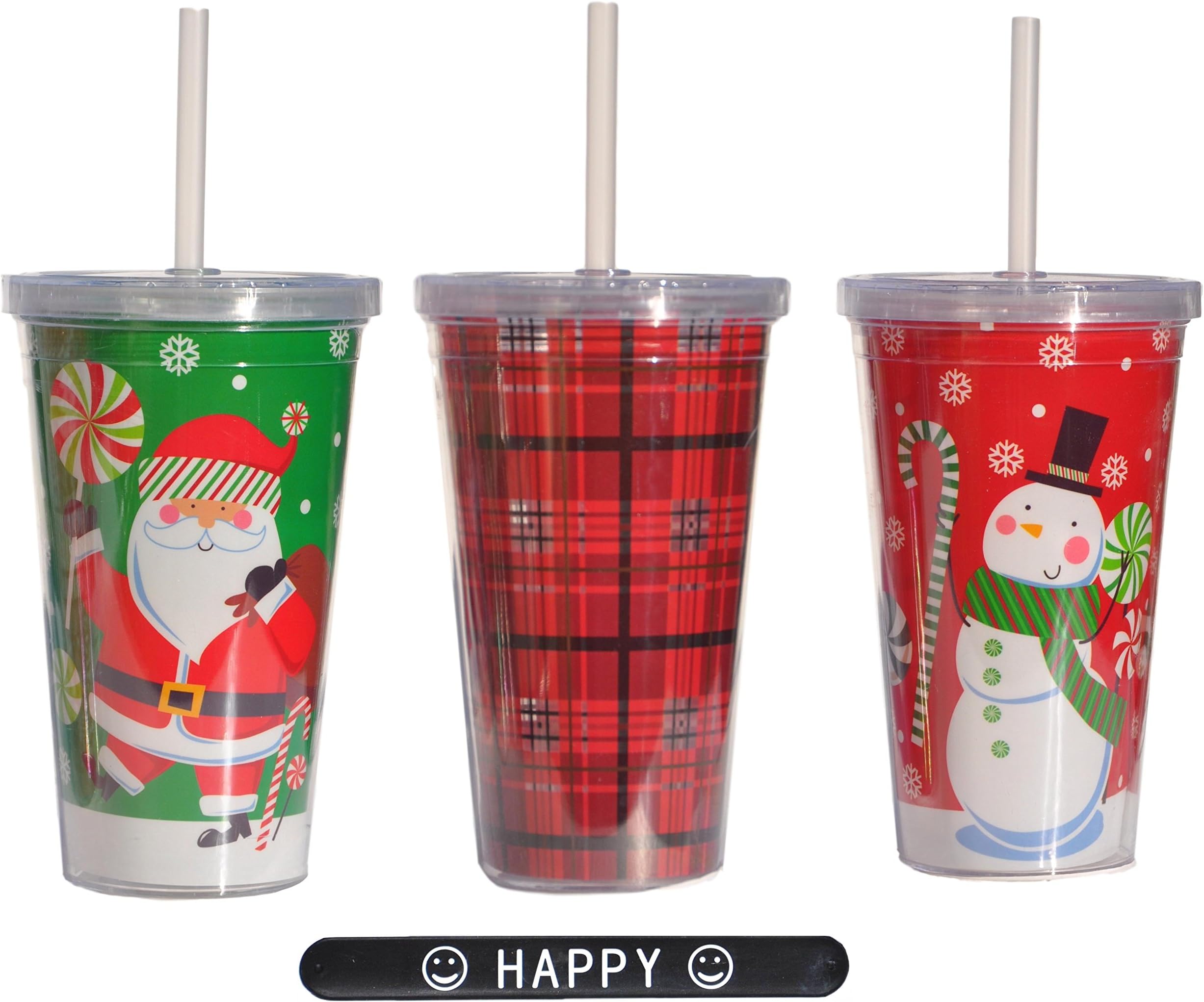 Plaid Santa Snowman Tumbler SETof3 Christmas Holiday Acrylic Double Wall 14 Oz Tumbler with Lid and Straw & HAPPY Slapstick Stocking Stuffer Gift Teacher Teen Her Him (StyleA)