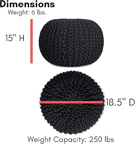 Miniatura 3 de BIRDROCK HOME Puf redondo otomano | Taburete con patas trenzadas de algodón con relleno de bolsa de frijoles | Reposapiés boho para sala de estar y
