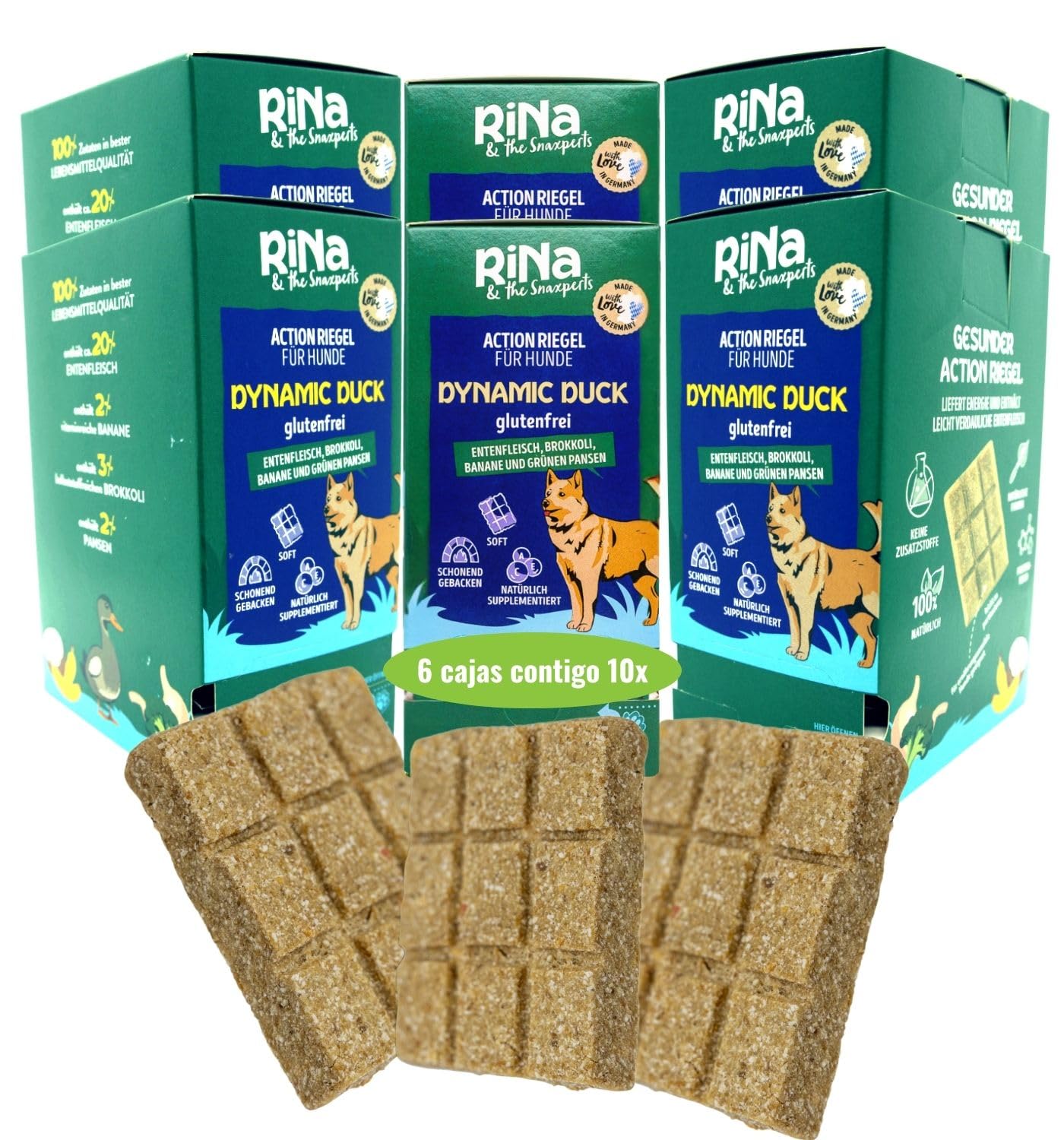 RiNa - Caja para golosinas para perros (6 x 10 cm, con carne de pato, brócoli, plátano y rumen verde)