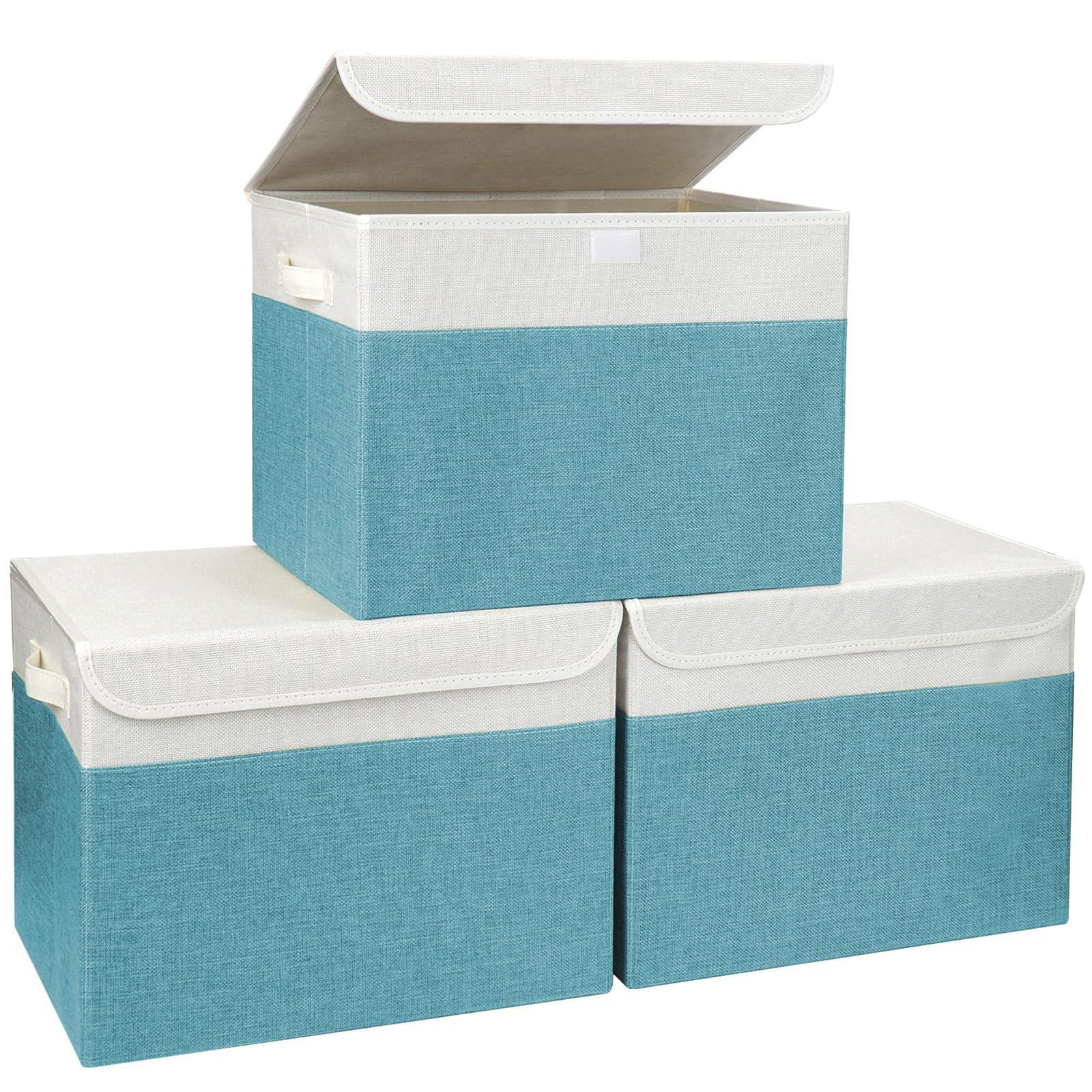 Large 17" 42 Quarts Collapsible Stackable Storage Bins with Lids [3-Pack] Foldable Fabric Linen Storage Boxes Cube, Closet Organizer Baskets with