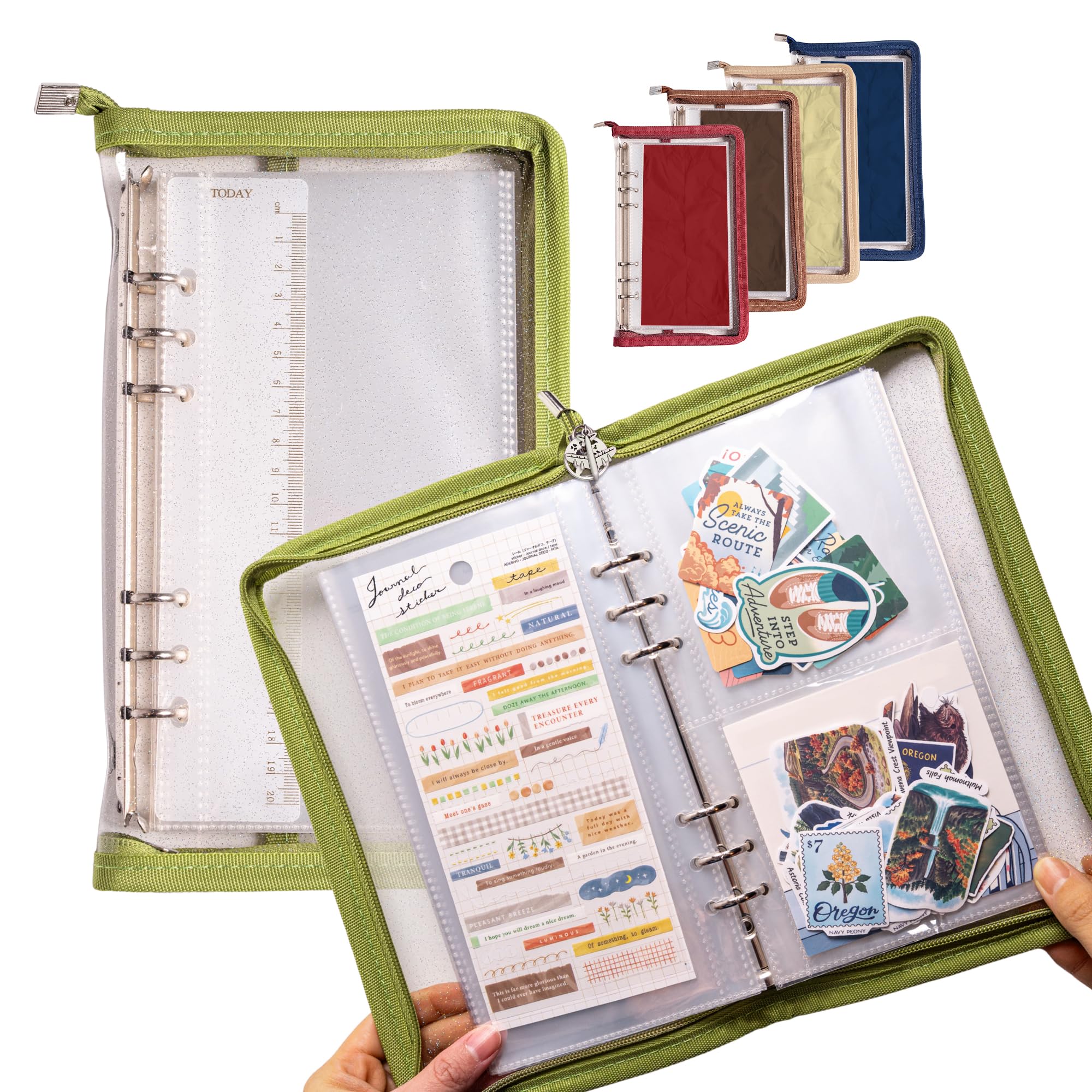 Navy Peony Wander Keeper Slim Stationery Binder (Tuscan Olive) - True A5 Slim Sleeves, Curated Travel Colours, Portable Zipped Organiser - for Stickers, Photo Cards