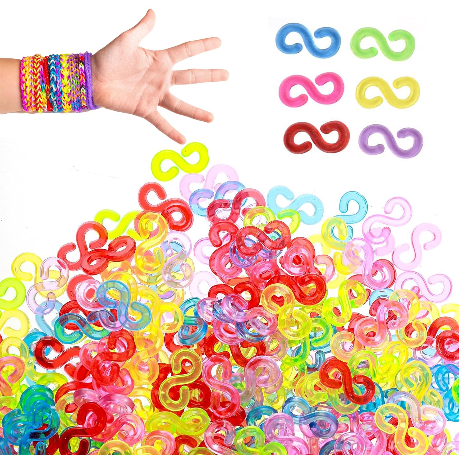 Wxinsheng Loom Bands S Clips,500 PCS S Clips Rubber Band Bracelet Clips,Colorful Rubber Band Connectors Refills Kit with Hooks, Suitable for Craft Making DIY Bracelet Woven Connector