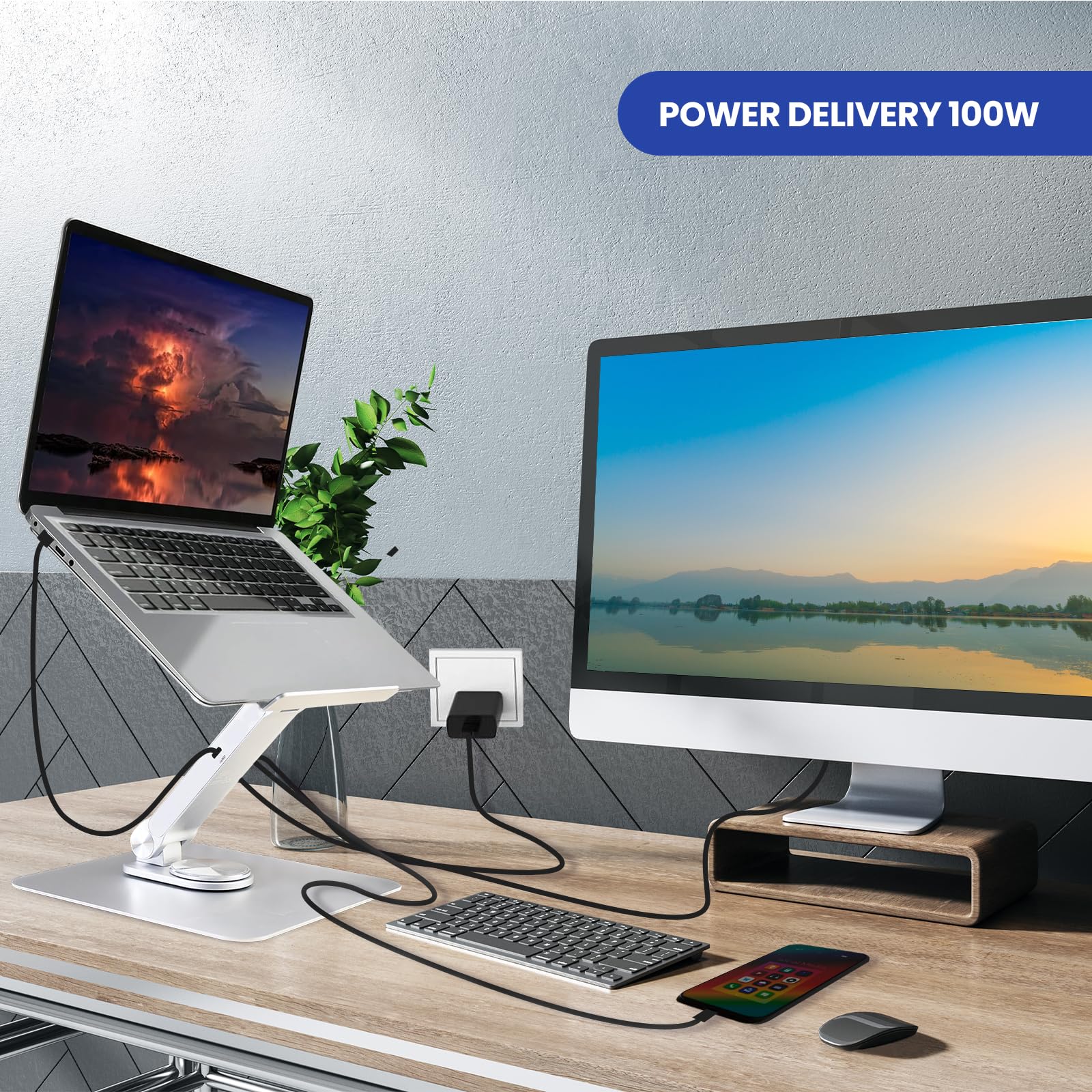 Ewent Supporto per Laptop da Scrivania in Lega di Alluminio, Supporto PC Docking Station 7 in 1 con cavo USB-C, Rialzo per Laptop Ergonomico Regolabile in Altezza con Rotazione 360°, Base Antiscivolo