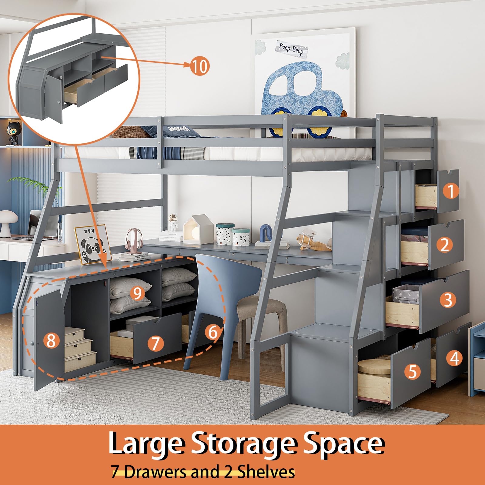 KUIKUI Bed with Desk Underneath Full Size, Bunk Bed with Desk, Loft Bed with Desk and Storage 7 Drawers and 2 Shelves, Gray