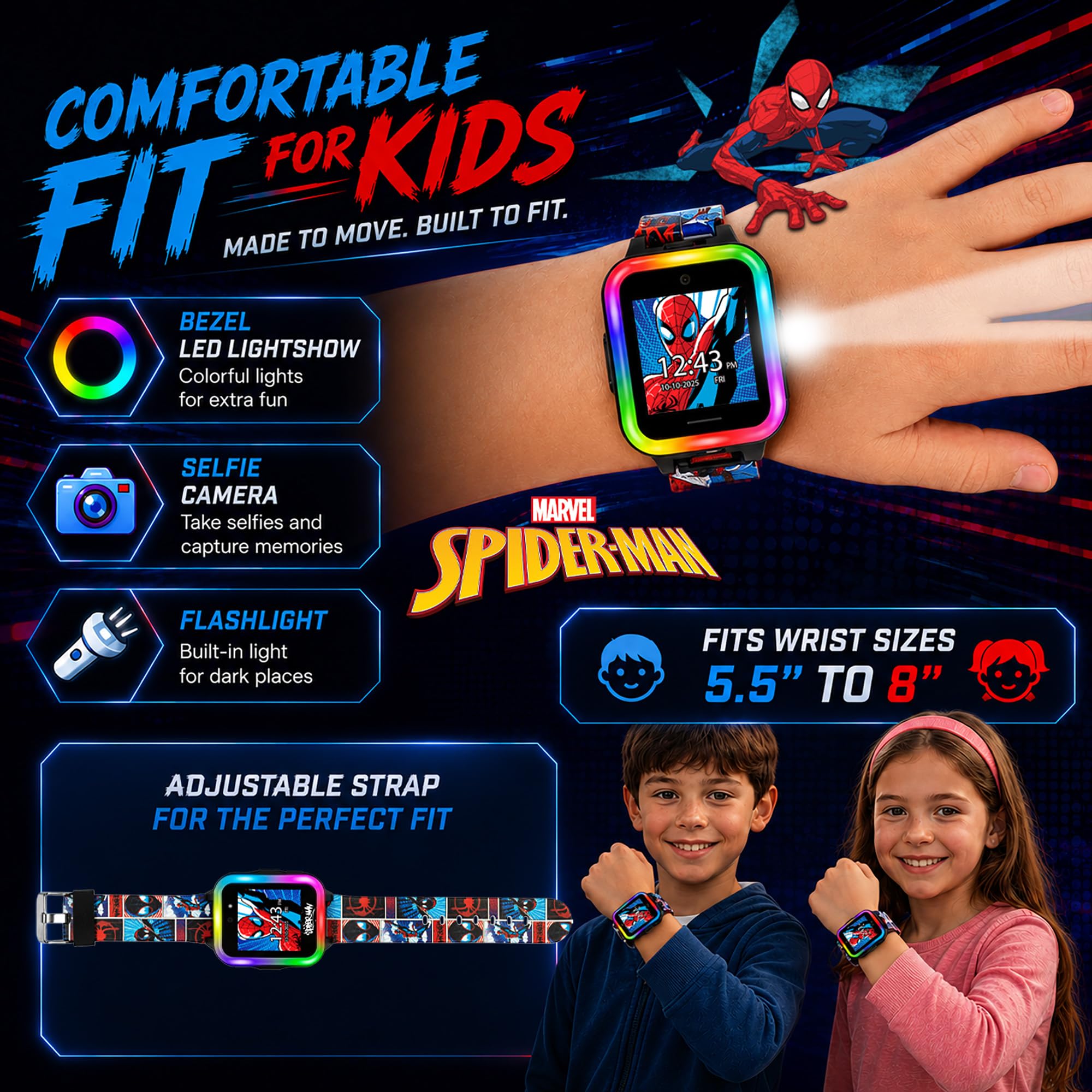 Marvel Spider-Man Kids Smartwatch interattivo con touchscreen, giochi, fotocamera, timer e contapassi, per ragazzi e ragazze, 10 quadranti, 3 sfondi, cinturino rosso e blu, lunetta luminosa a LED,