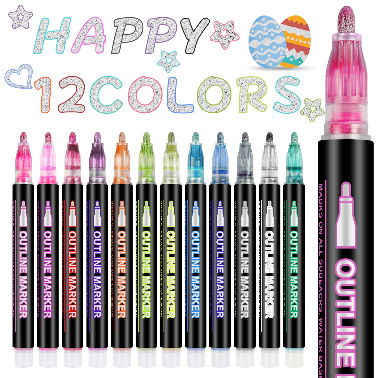 Rotuladores Purpurina,12 Colores Purpurina Rotuladores Acrílicos,Rotulador de Doble Línea Brillantes Para Manualidades, Scrapbooking, Album Fotos, Tarjetas Regalo, Regalos Cumpleaños