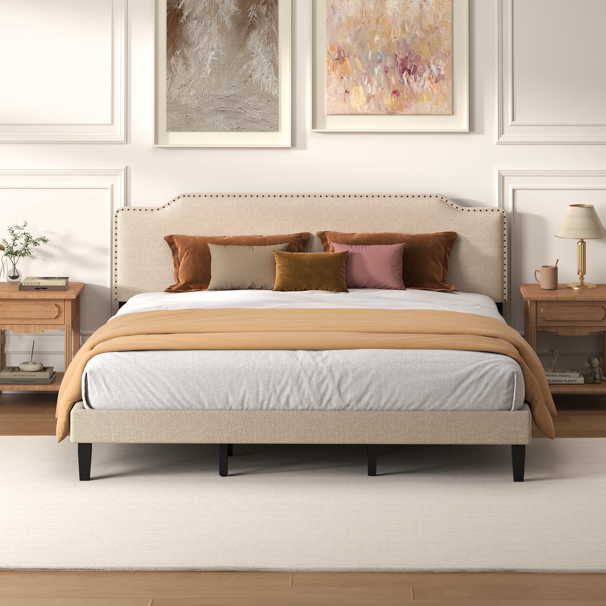 Chireca King Size Bed Frame with Upholstered Headboard, Wood Platform Bed with Soft Linen Adjustable Headboard | Elegant Studded Design | Wooden Slats