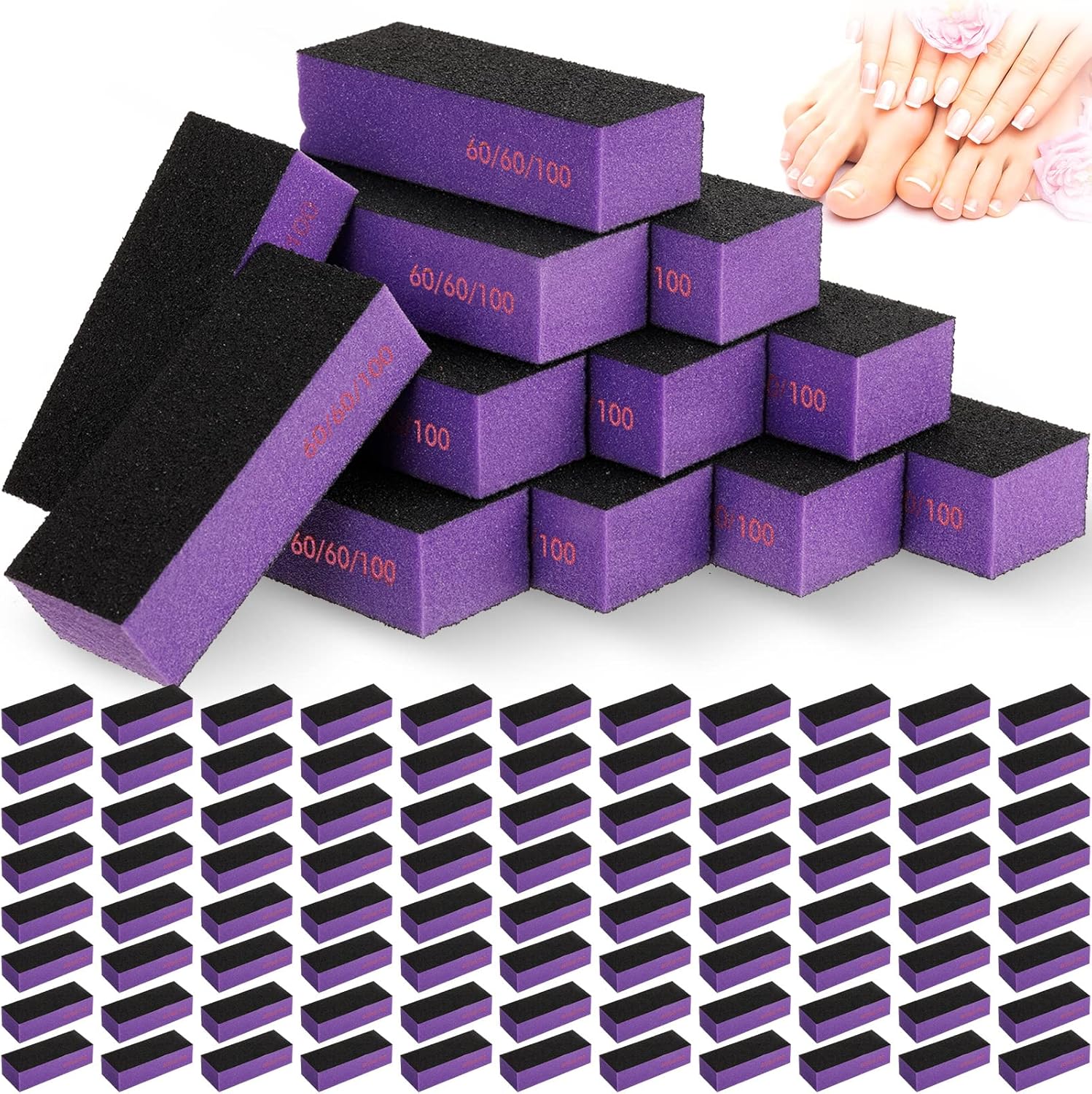100 Pcs 60/60/100 Grit Nail Buffer Fingernail Sanding Block Polisher 3 Sides Buffer
