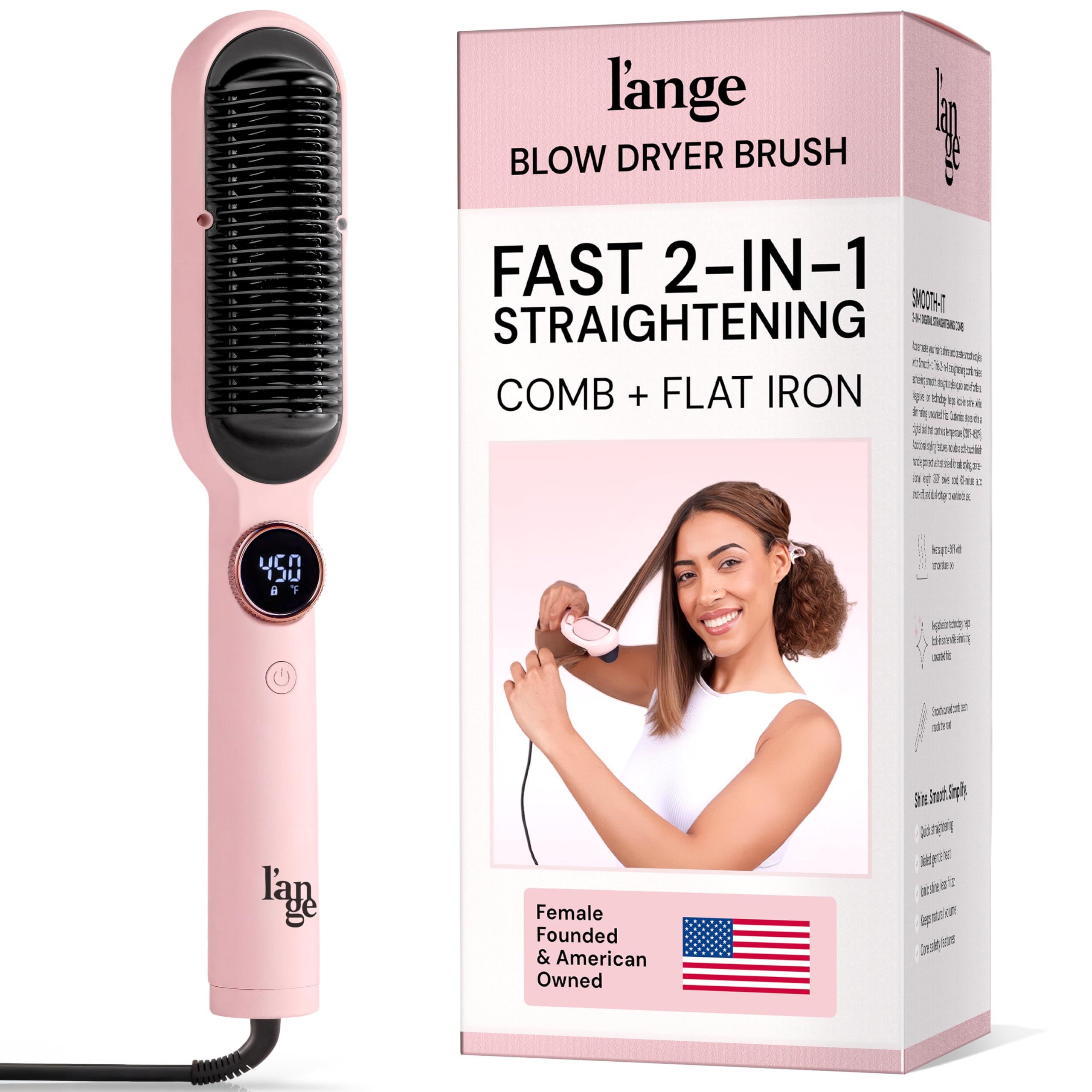 L'ANGE HAIR Smooth It 2-in-1 Hair Straightener Brush with Digital Temperature Dial Up to 450°F | Frizz Control Straightening Comb | Quick Styling Hot Brush for All Hair Types | Auto Shut-Off | Blush