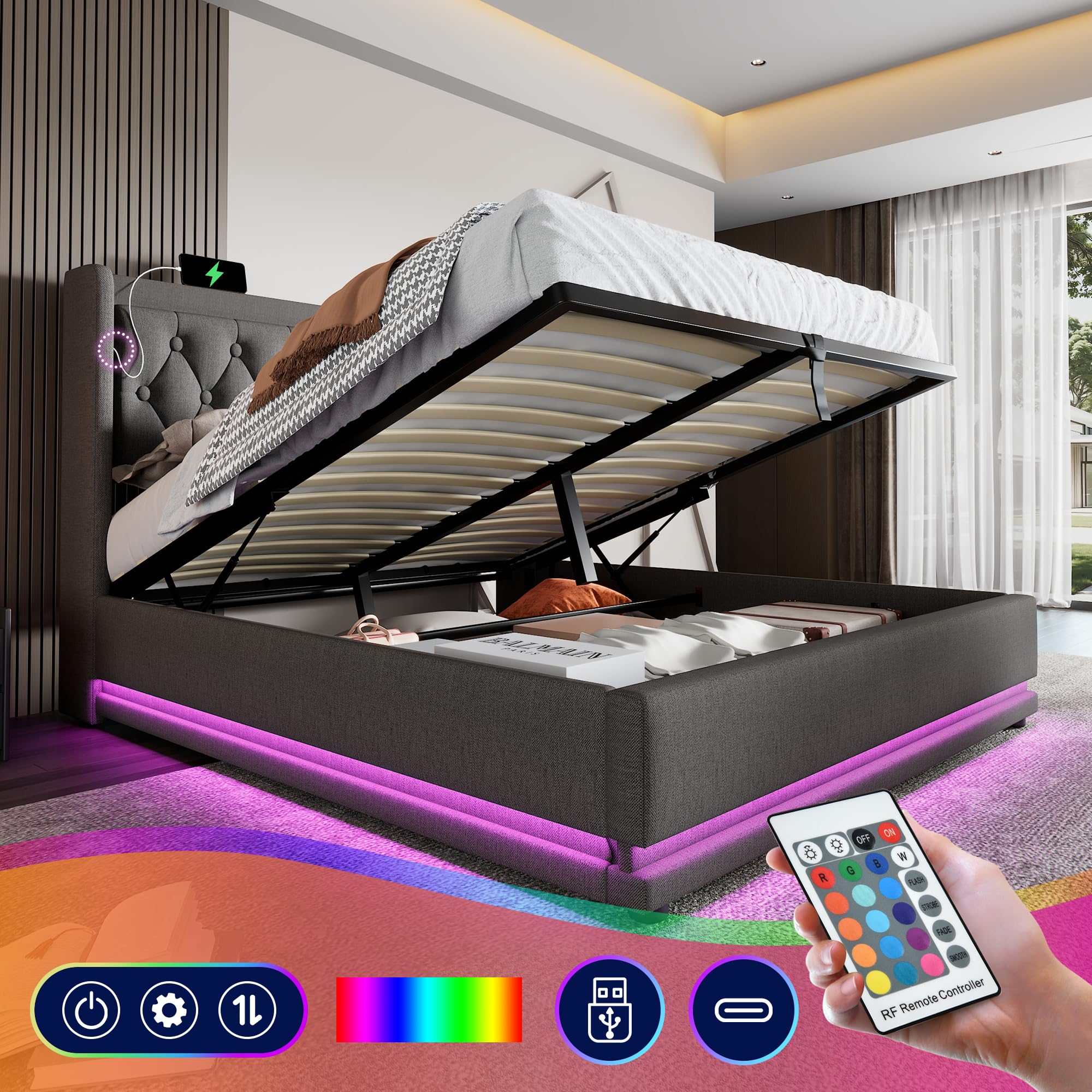 KecDuey Letto matrimoniale 180 x 200 cm, in cotone e lino, con leva idraulica, per riporre cassette da letto, rivetti, senza materasso