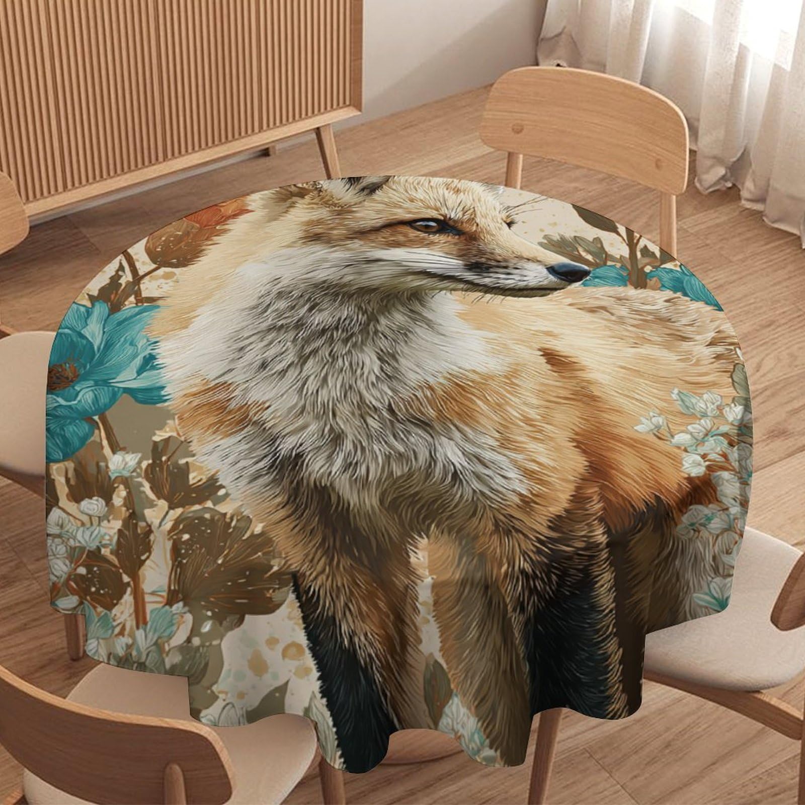 LUYYSKY Beautiful Rustic Fox Round Tablecloth Classic Mid Century Autumn Flowers Animals Foxes Print Washable Decor for Table Cover for Kitchen-127 Wx127 L cm